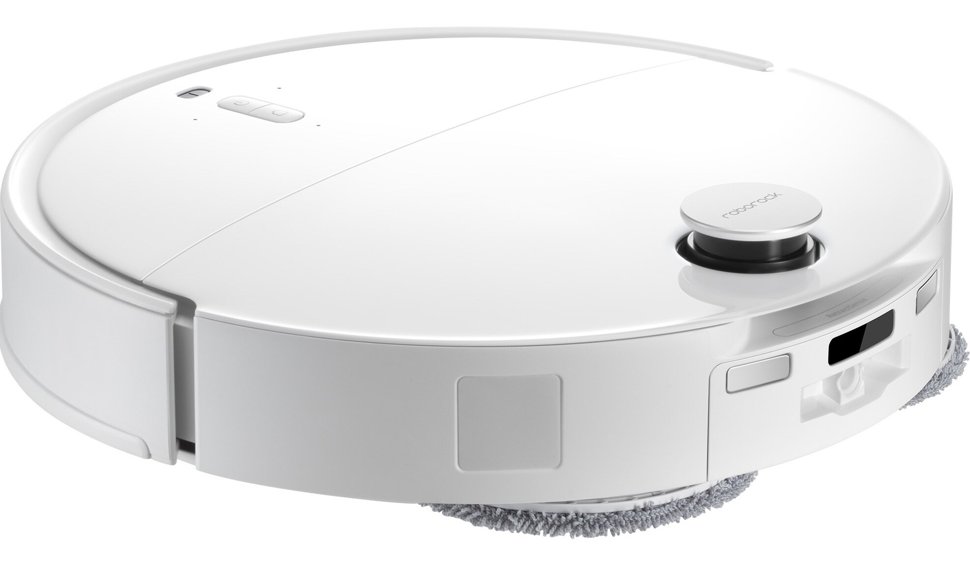 Pokazano biały, okrągły odkurzacz automatyczny z czarnym blatem, przyciskami i szarą nakładką do czyszczenia.
