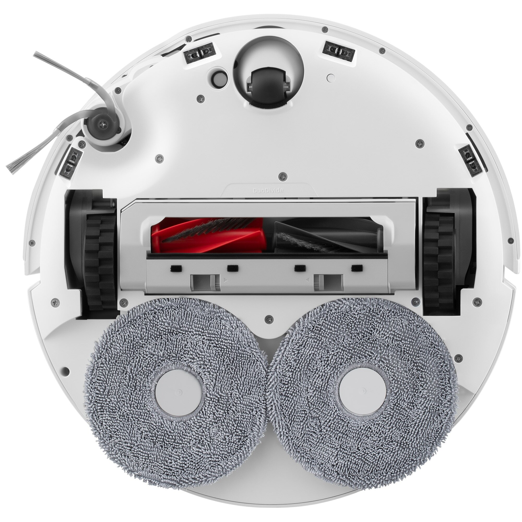 Spód robota odkurzającego. Biały korpus, czarne i czerwone szczotki, dwie szare nakładki do mopowania i czarne koła.