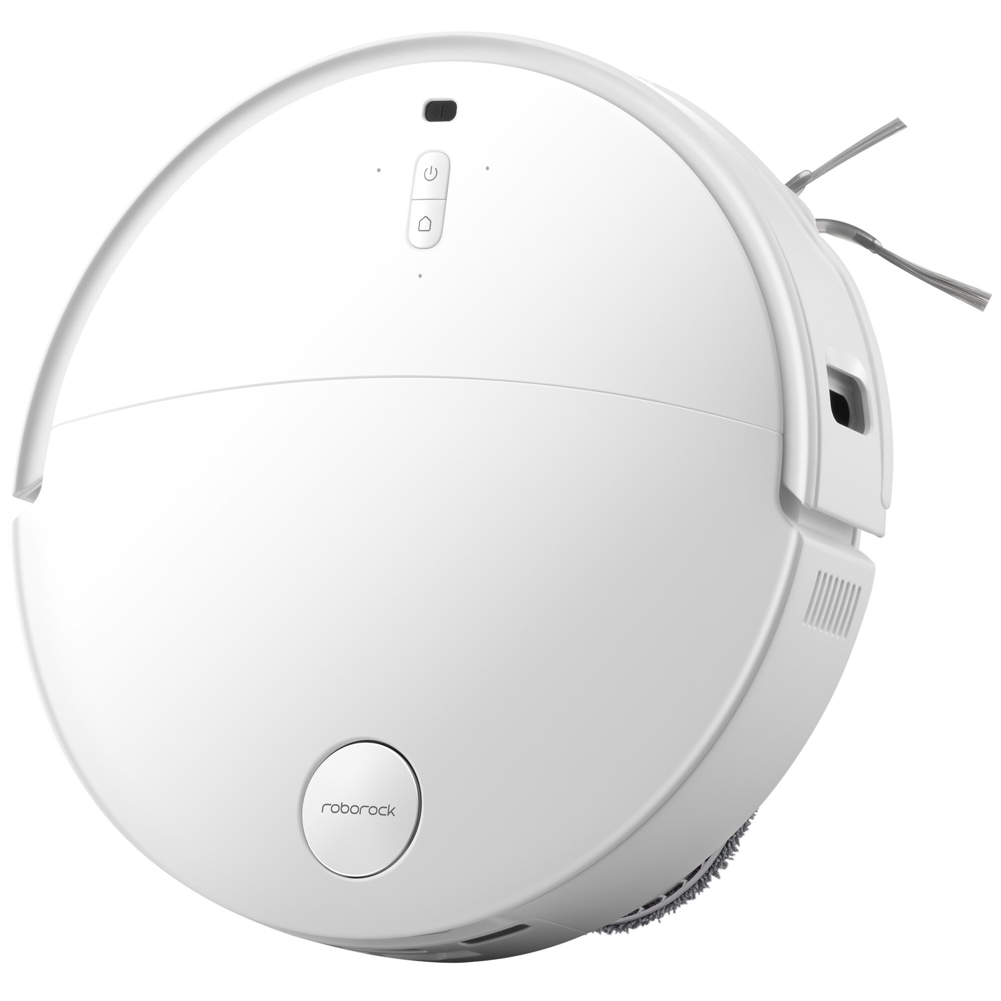 Biały, okrągły odkurzacz robot z przyciskami. Posiada szczotkę z boku i logo Roborock.