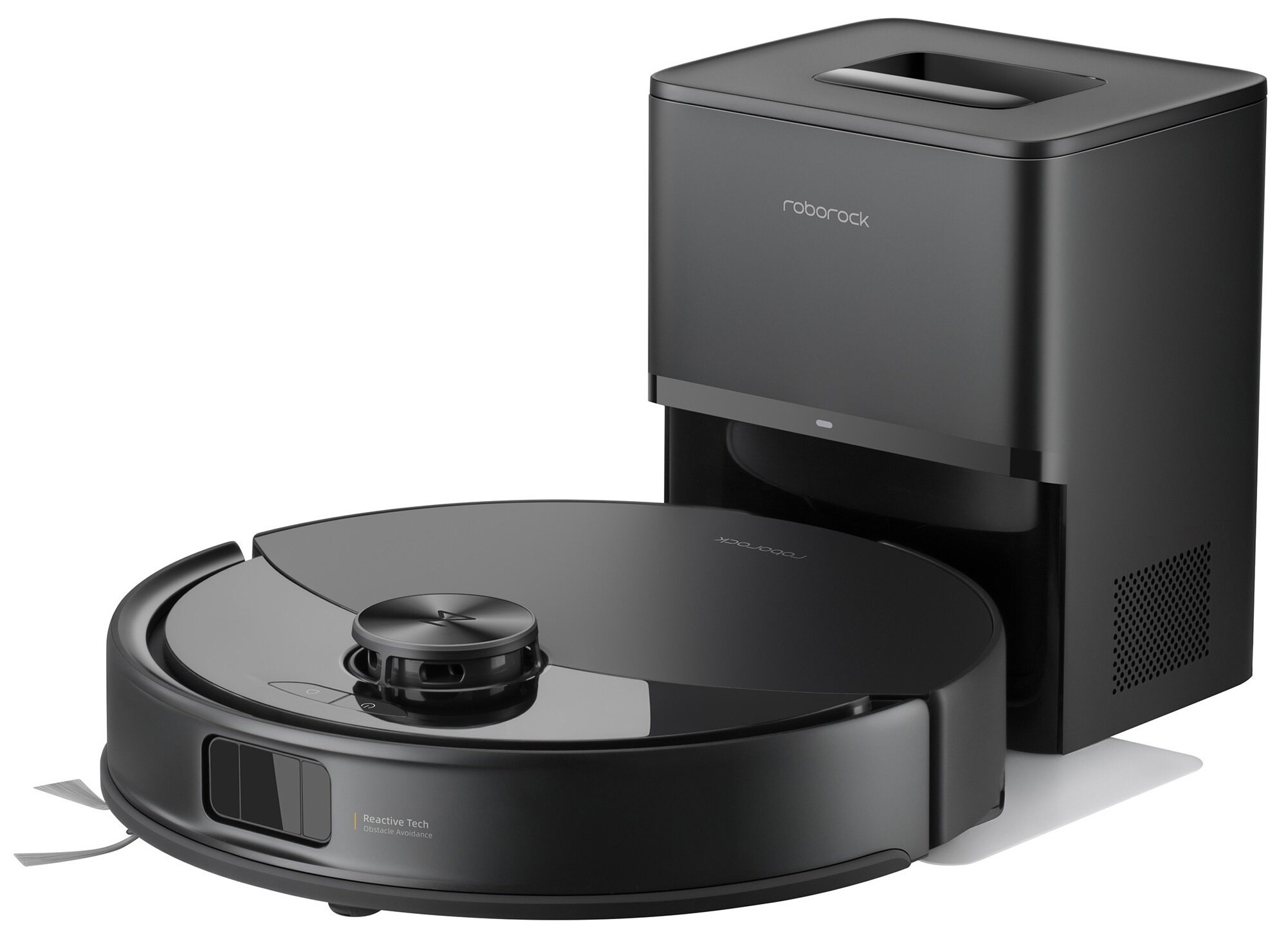Czarny robot odkurzający Roborock i jego stacja ładująca. Odkurzacz ma okrągły kształt, a stacja jest prostokątna.