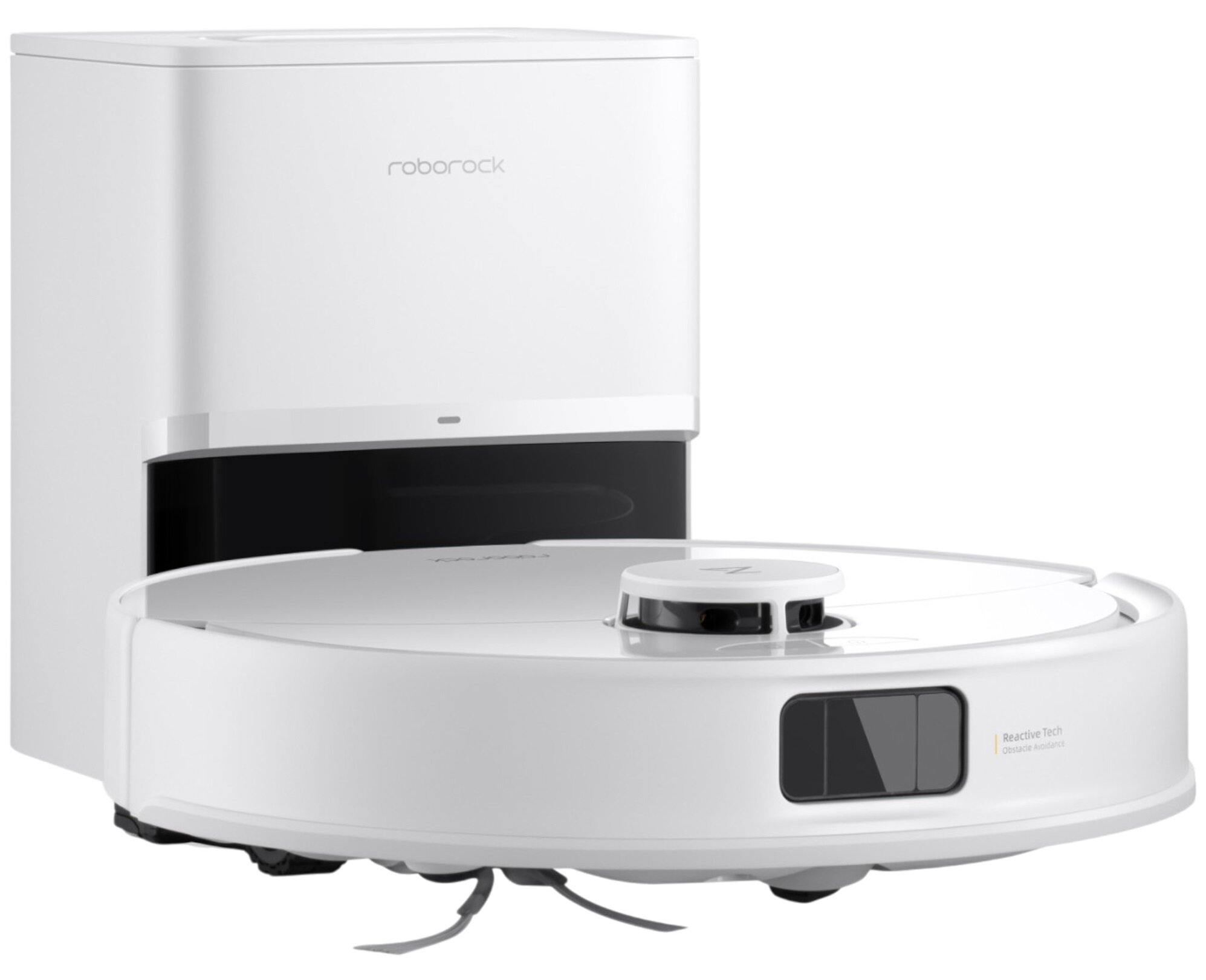 Biały robot sprzątający Roborock i stacja ładująca. Odkurzacz ma okrągłą podstawę i małą wieżę.