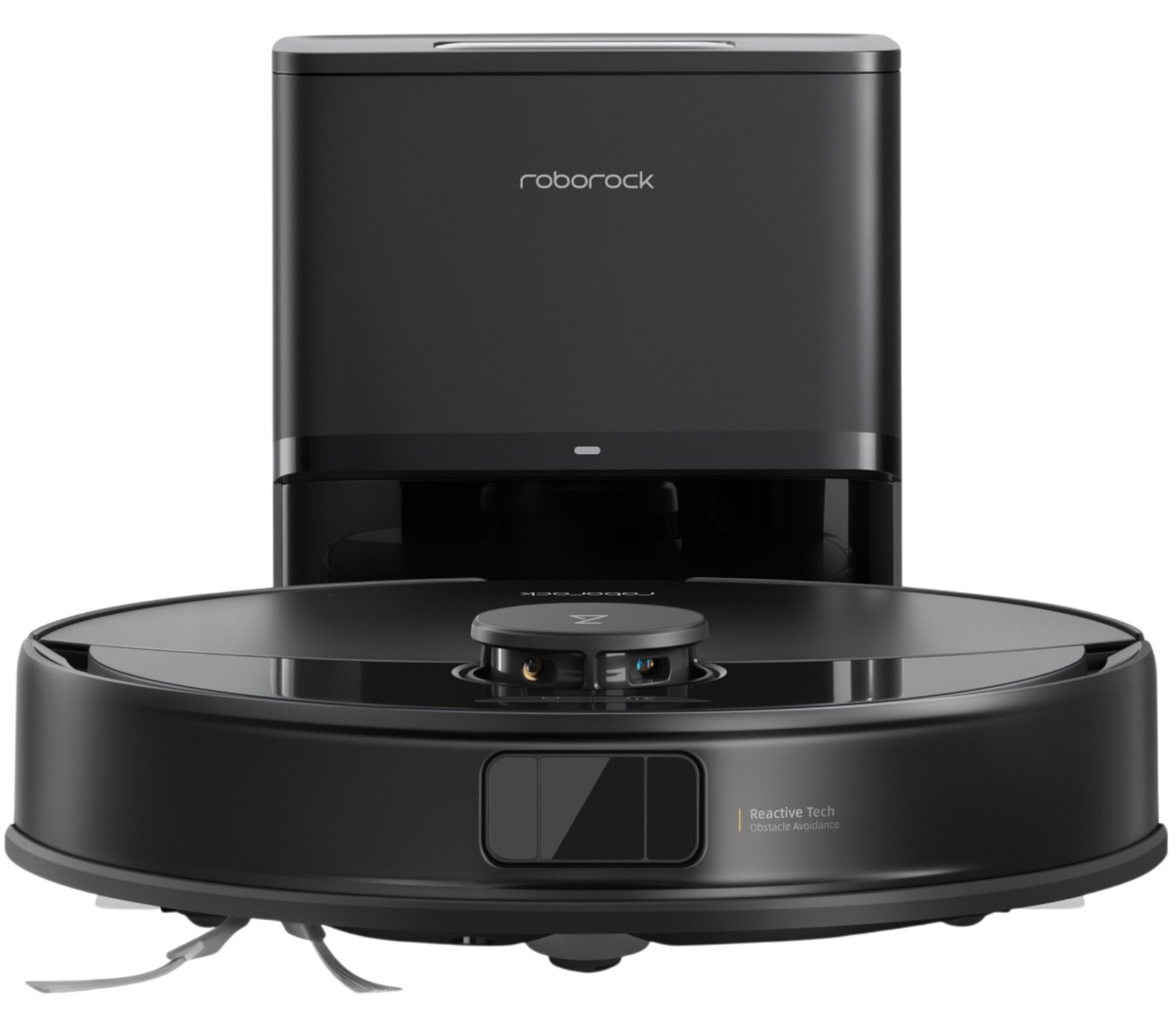 Czarny robot odkurzający z czarną stacją ładującą. Odkurzacz ma czujnik i Reactive Tech.