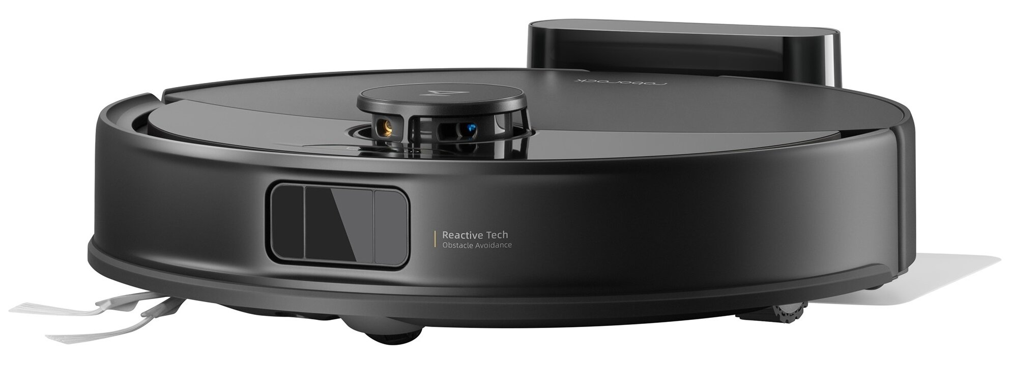 Czarny robot sprzątający z czujnikami i tekstem o omijaniu przeszkód. Okrągły kształt, stacja ładująca z tyłu.