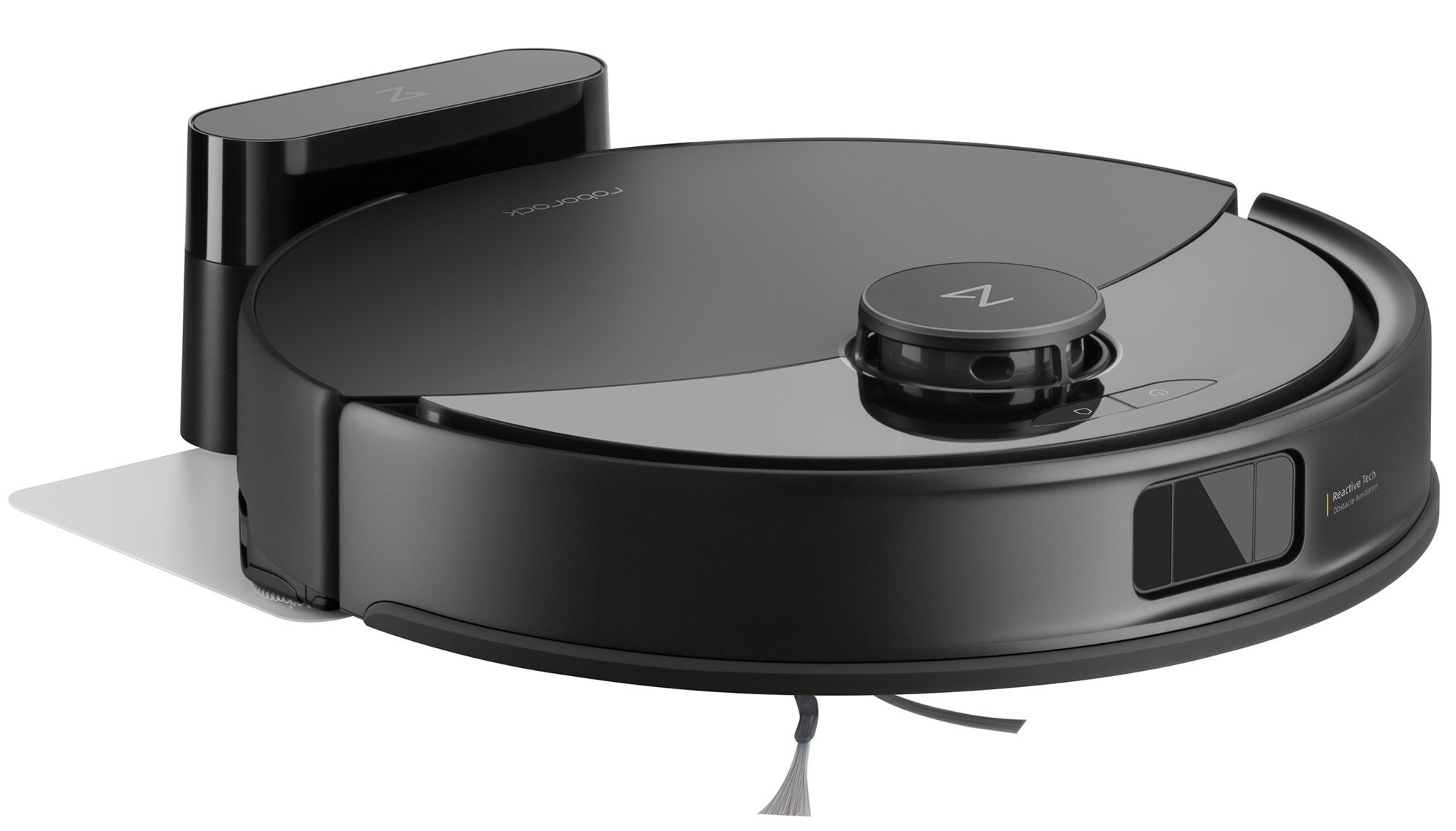 Czarny odkurzacz robot z stacją ładującą. Ma okrągły kształt, górny przycisk i szczotkę boczną.