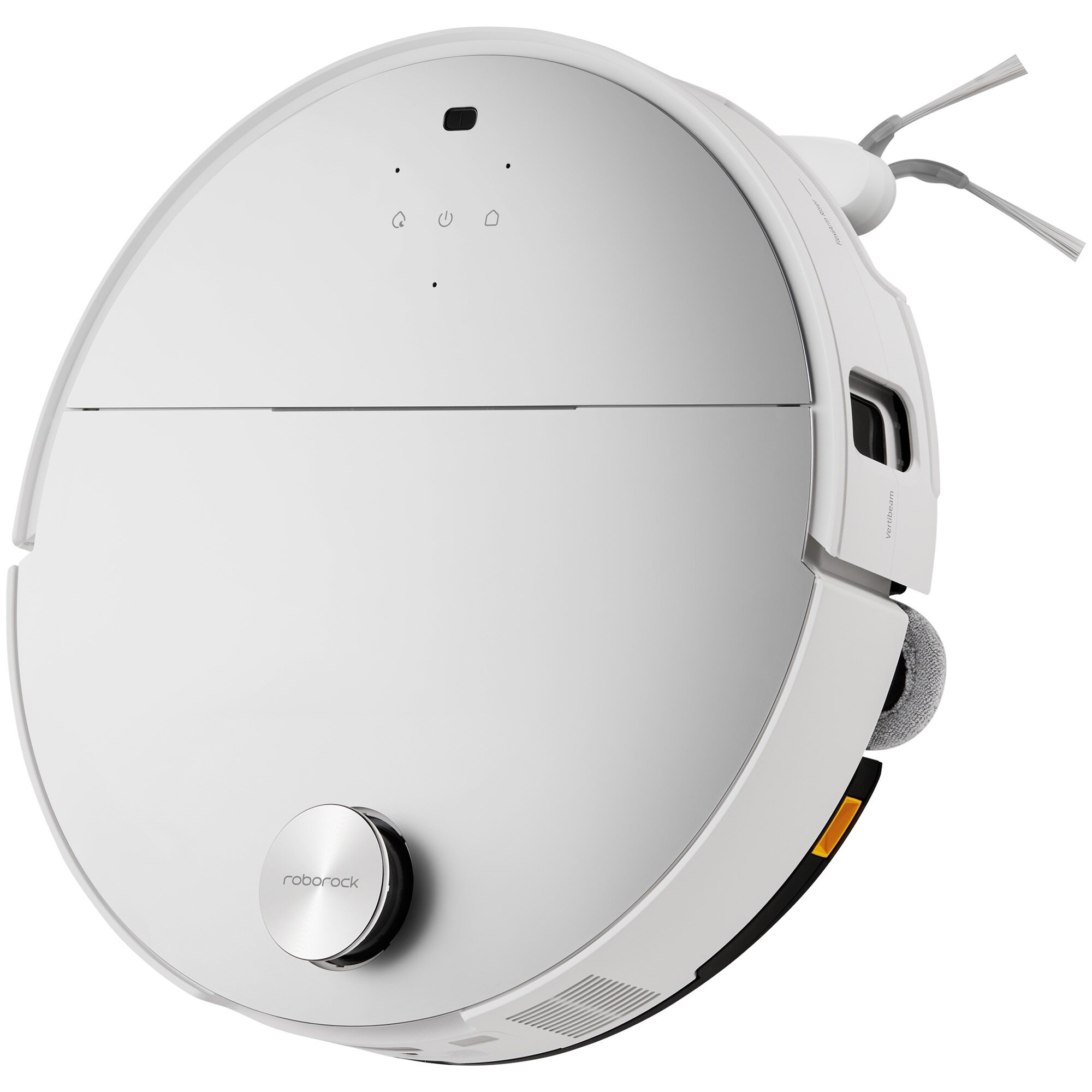 Biały i srebrny robot sprzątający Roborock. Posiada szczotki, przyciski i okrągły kształt. Widoczne jest logo "Roborock".