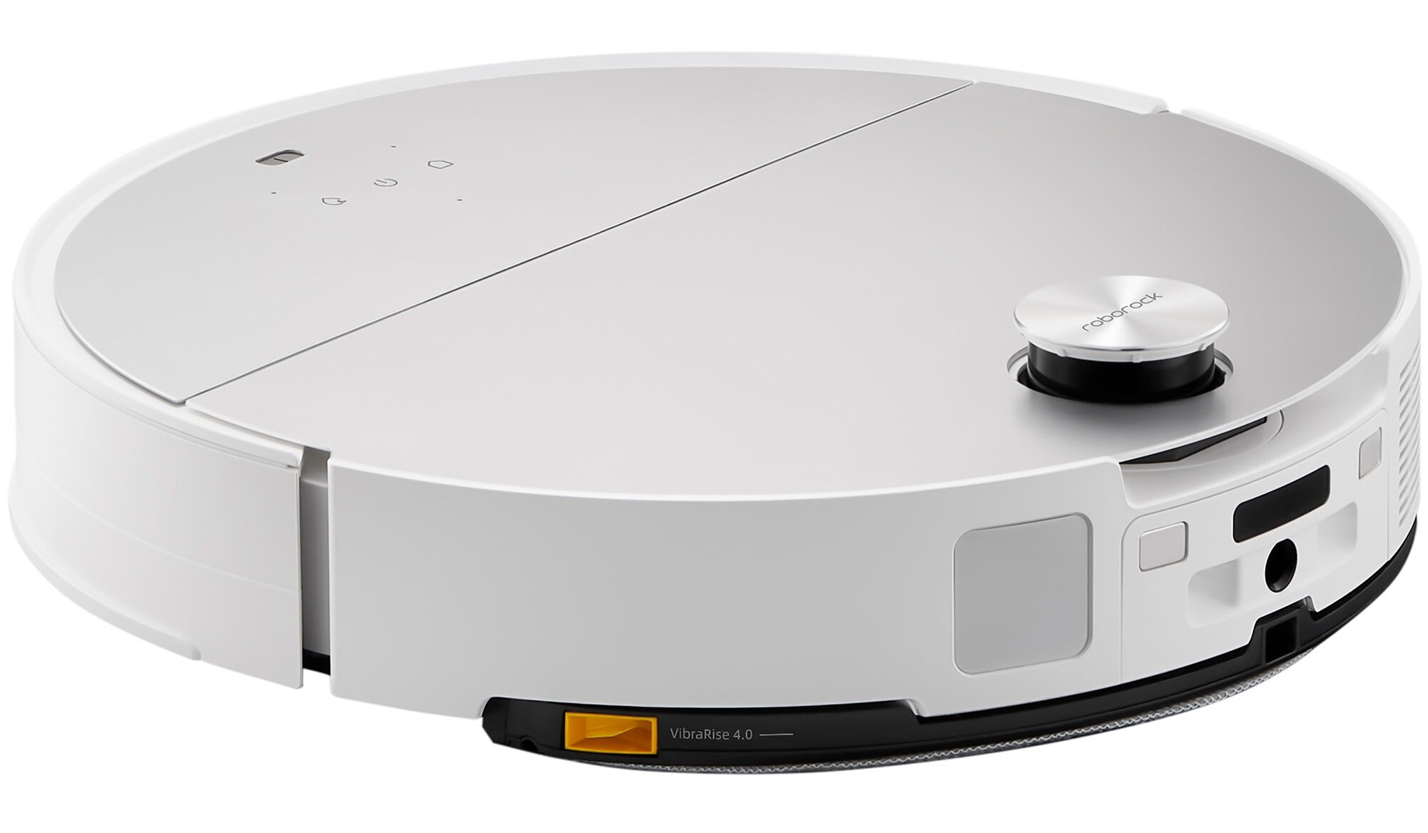 Biało-szary robot odkurzający ze srebrnym przyciskiem. Ma czarny spód i napis 'VibraRise 4.0'.