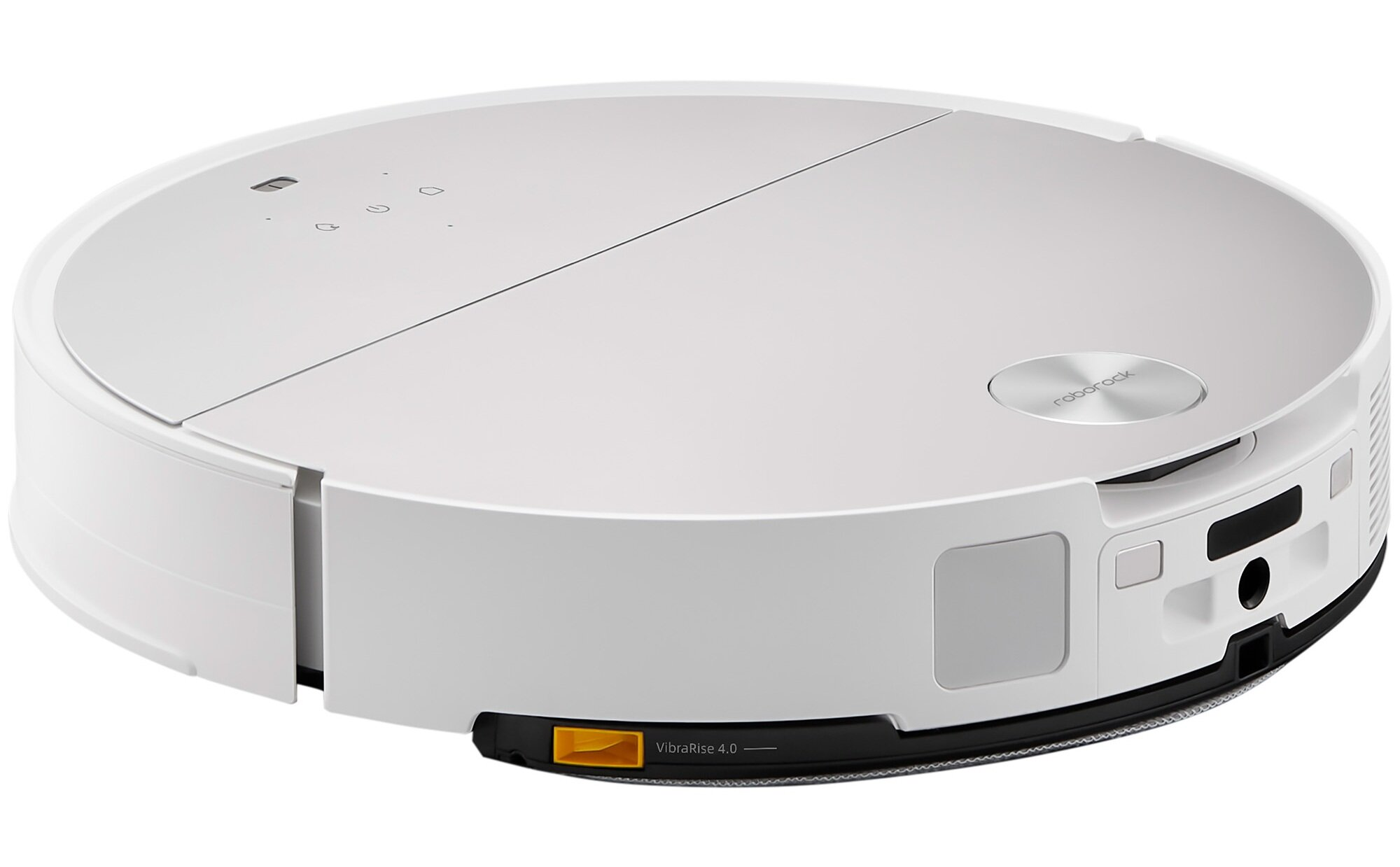 Biały i szary odkurzacz robot Roborock. Ma okrągły kształt. Przyciski i logo widoczne na górze.