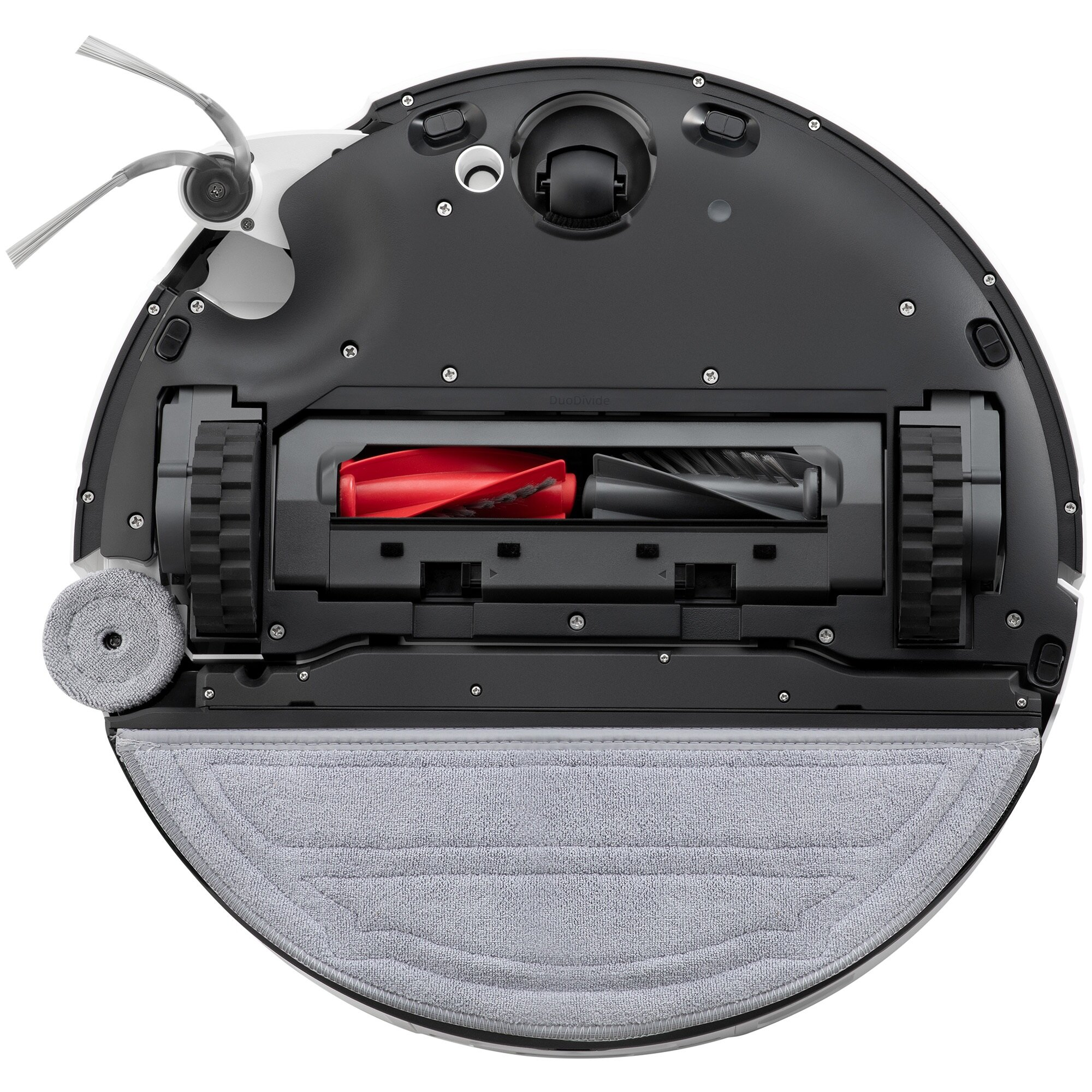 Widok od spodu robota sprzątającego. Zawiera szczotki, koła, nakładkę czyszczącą i czerwoną szczotkę.