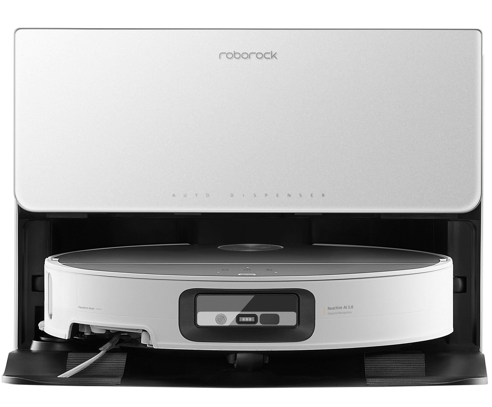 Biały odkurzacz robot Roborock w stacji ładującej. Stacja ma pokrywę, a odkurzacz jest zadokowany w środku.