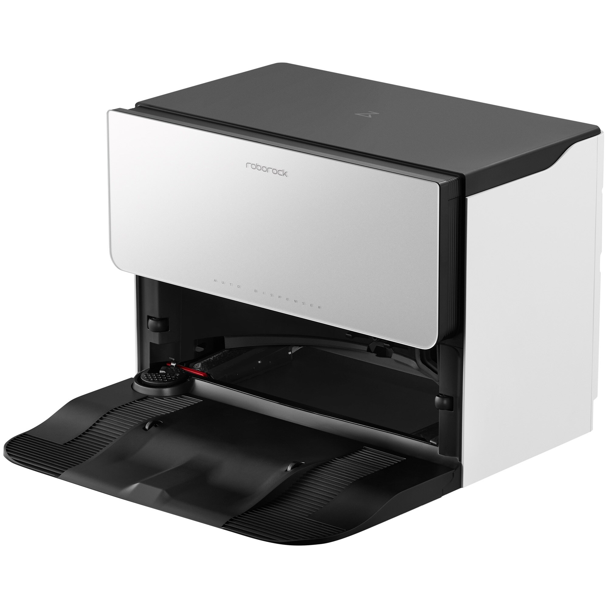 Biało-czarny automatyczny dozownik Roborock. Pokrywa jest otwarta, ukazując wnętrze i logo Roborock.