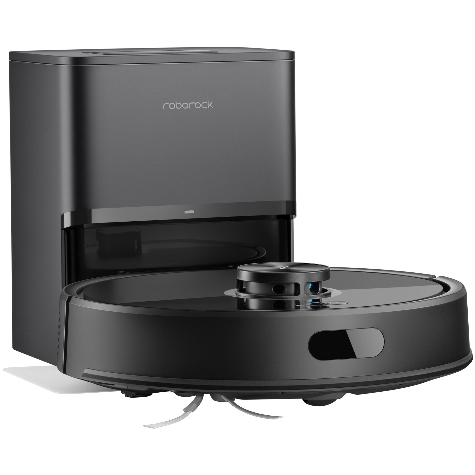 Czarny odkurzacz robot Roborock i stacja ładująca. Odkurzacz jest okrągły, a stacja to wysokie, prostokątne pudełko.