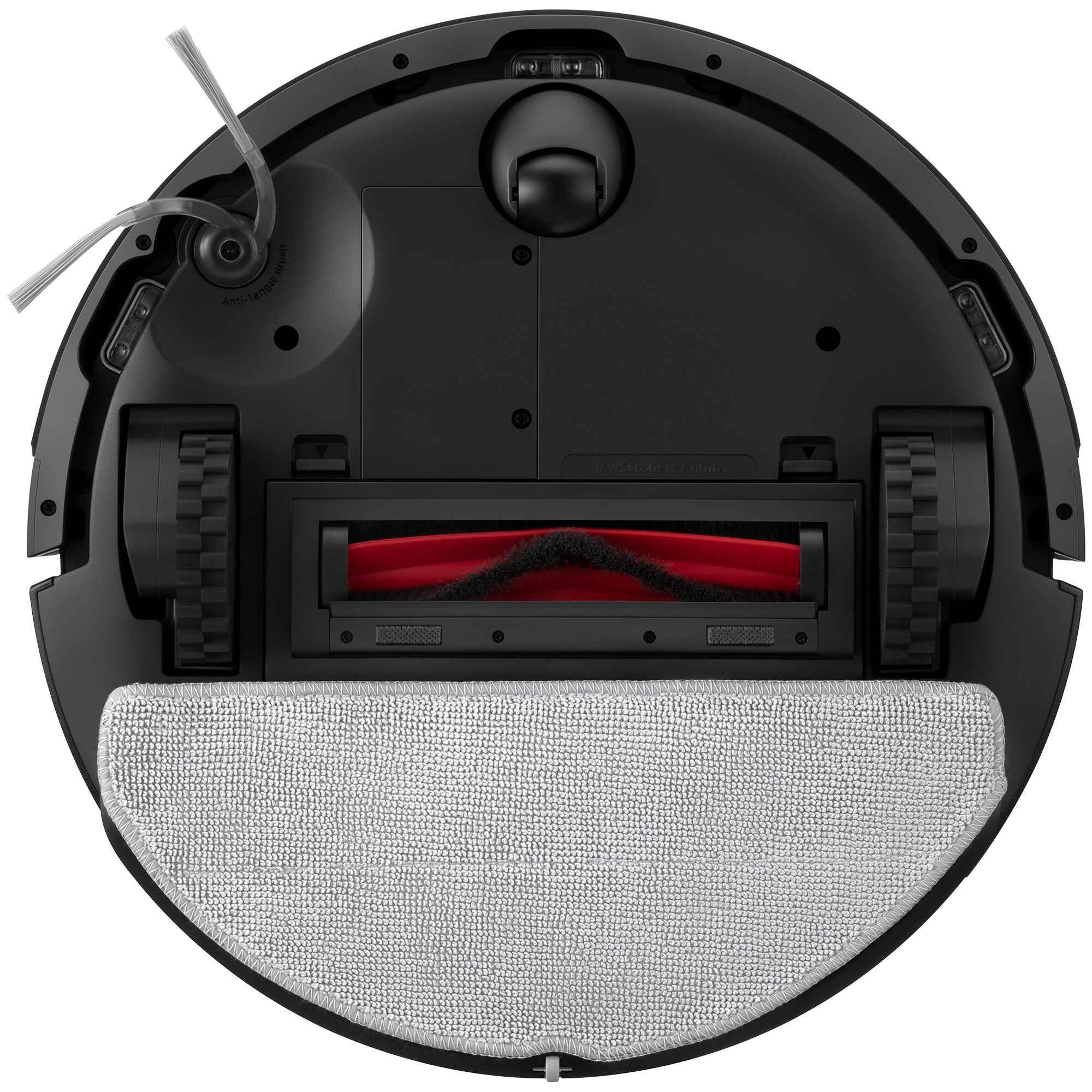 Czarny odkurzacz robot z czerwoną szczotką, dwoma kołami i szarą nakładką do mopowania. Okrągłe urządzenie ma szczotkę.