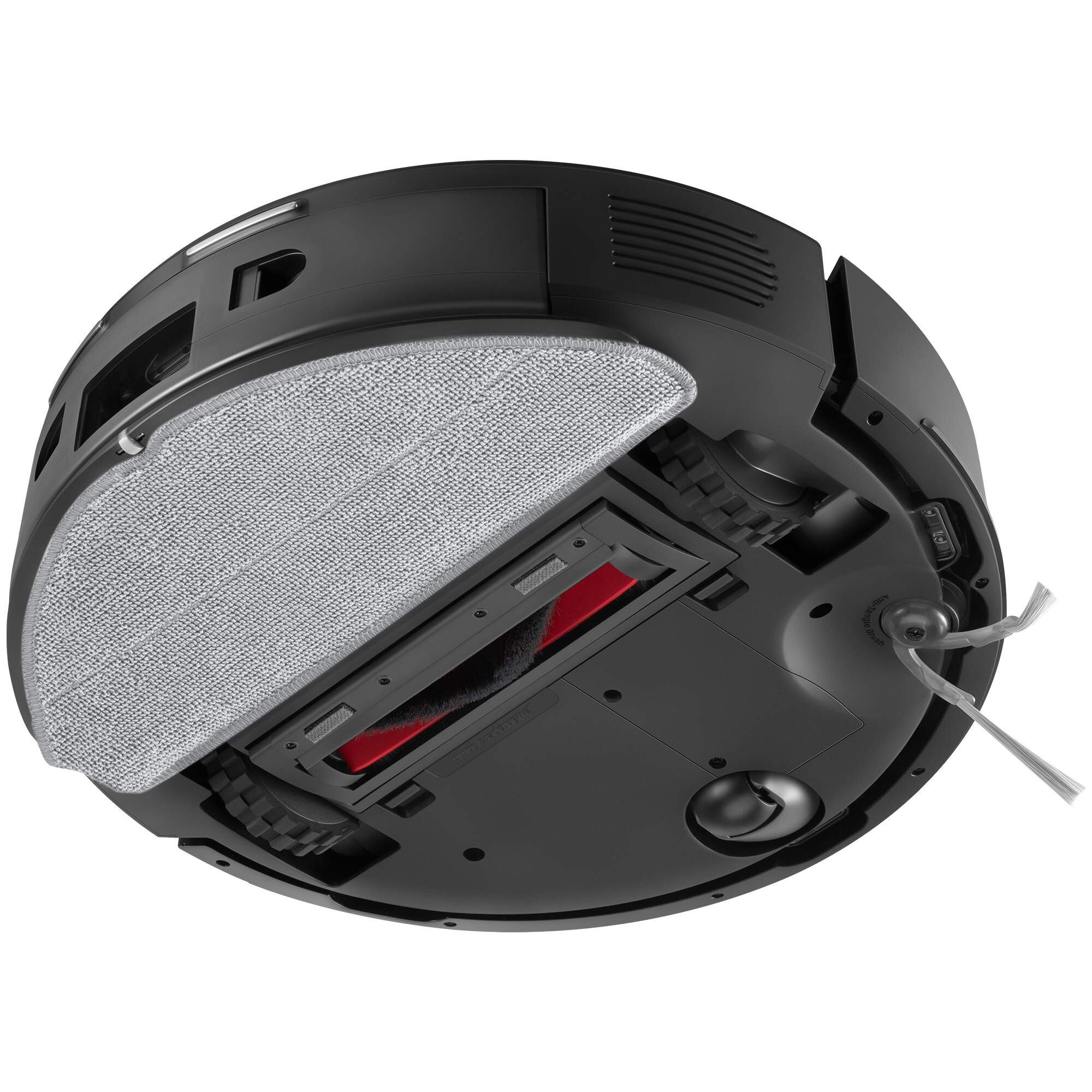 Czarny robot sprzątający z czerwoną szczotką i szarą nakładką do mopowania. Ma szczotki boczne i koła. Tło jest białe.