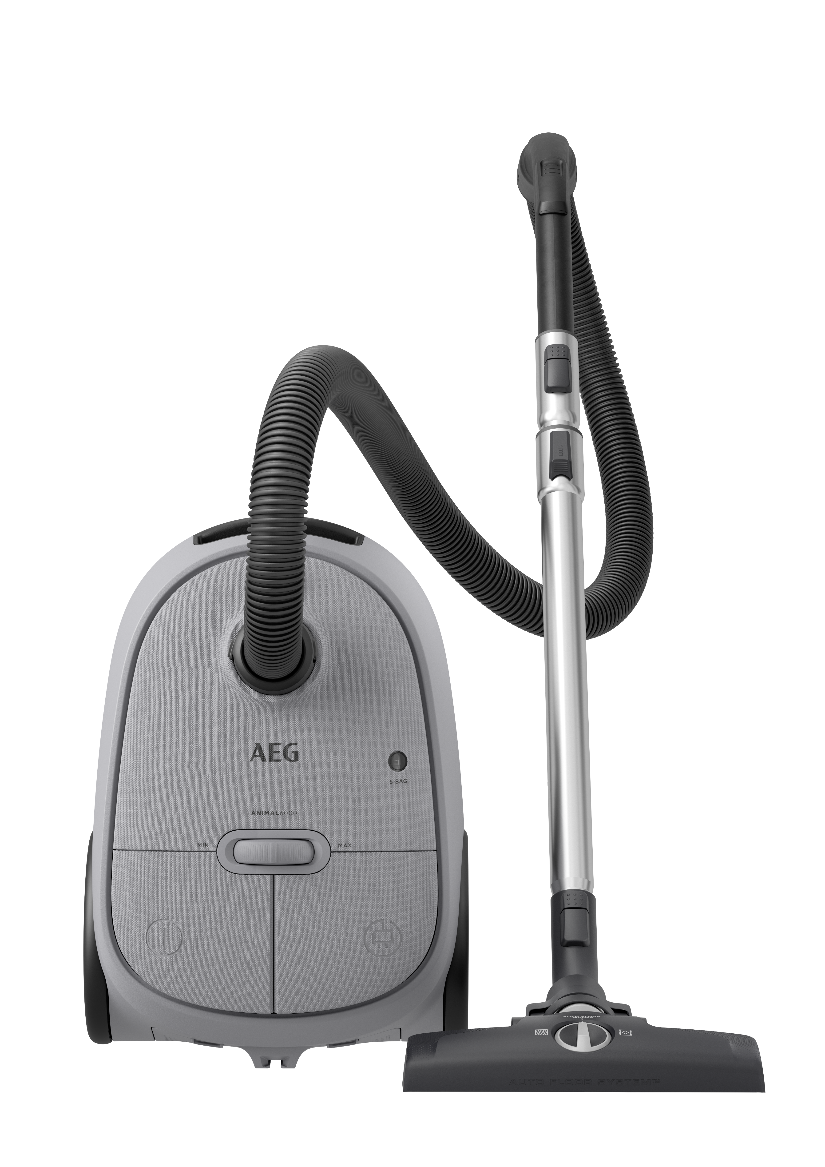 Un aspirateur AEG est présenté. Il est gris, avec un tuyau et une baguette métallique. Le fond est blanc.