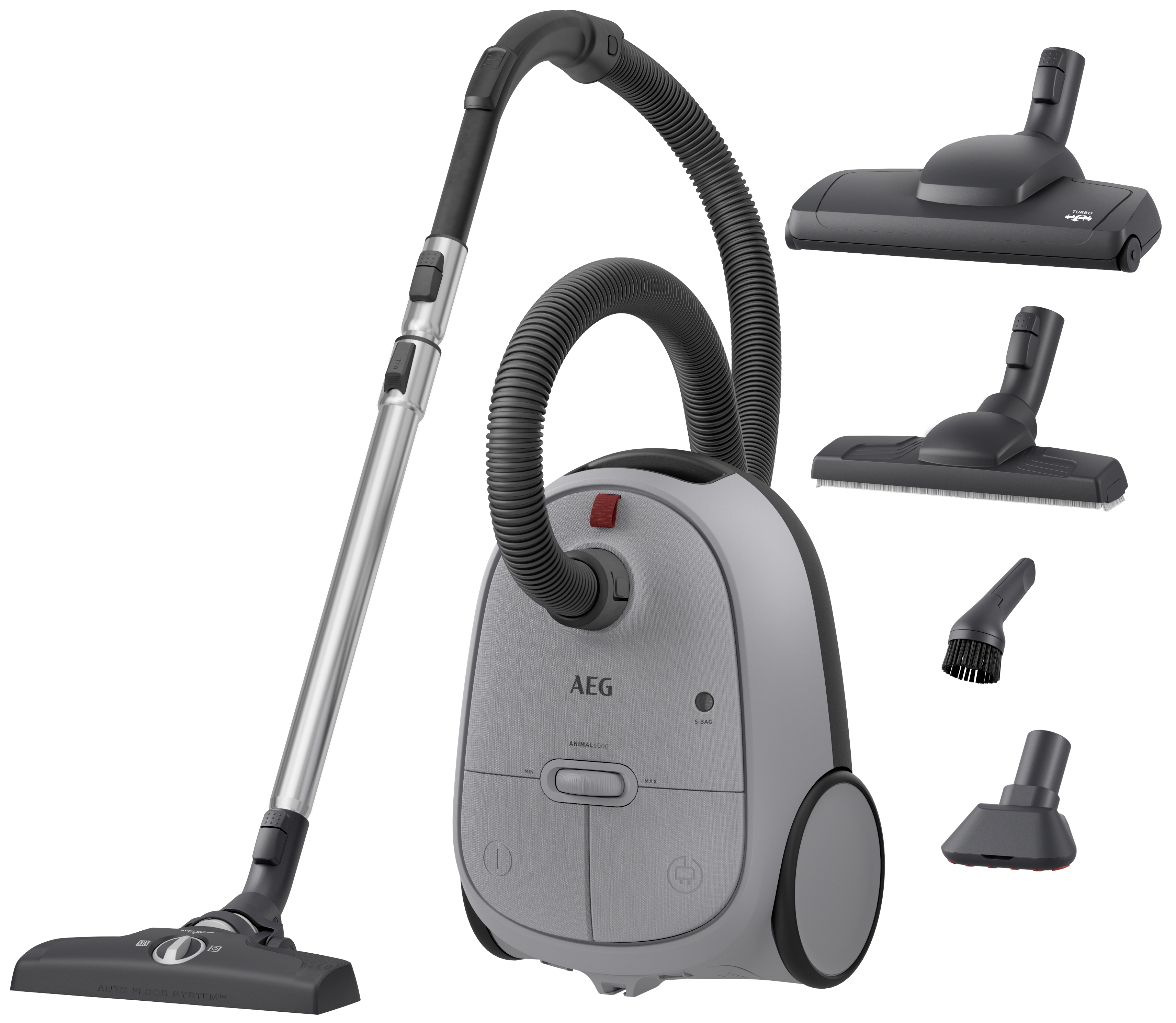 Un aspirateur AEG gris avec divers accessoires. L'unité principale a un motif tissé, un bouton rouge et un logo. Plusieurs buses sont présentées.