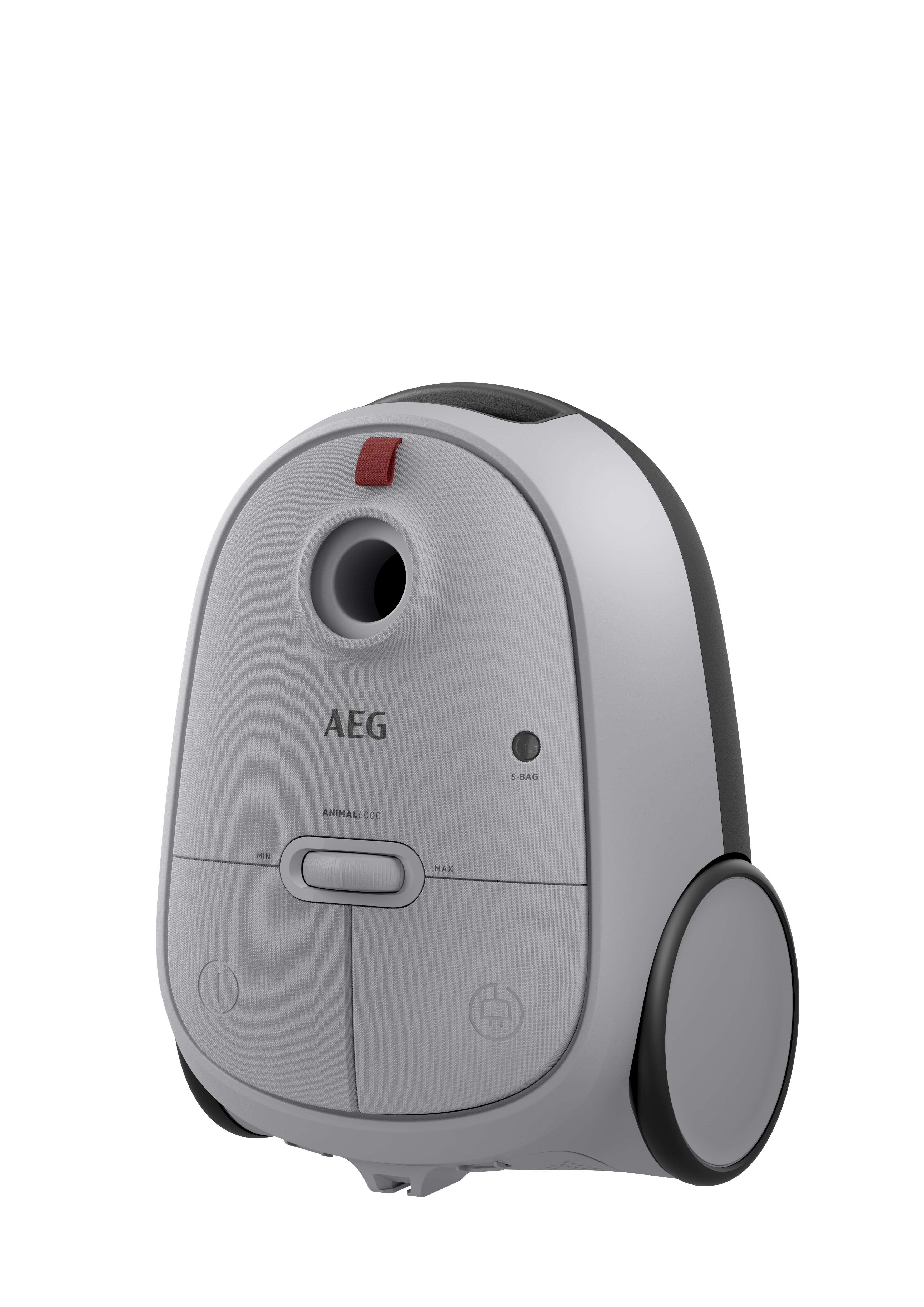 Un aspirateur AEG gris. Il a une poignée rouge, des roues noires et un panneau de commande avec des boutons. La marque AEG est visible.