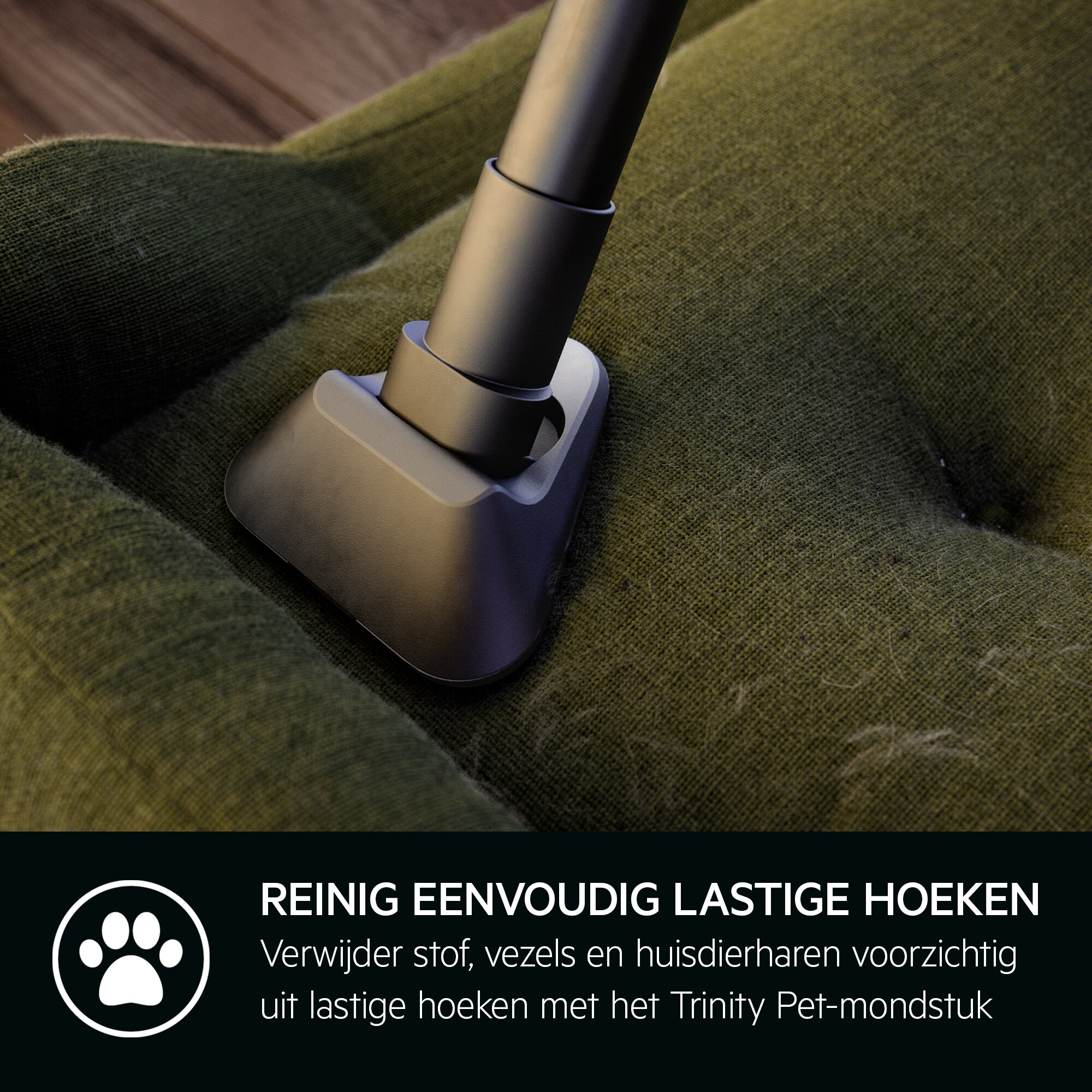 Une tête d'aspirateur enlève les poils d'animaux d'un coussin vert. L'arrière-plan montre un sol en bois.