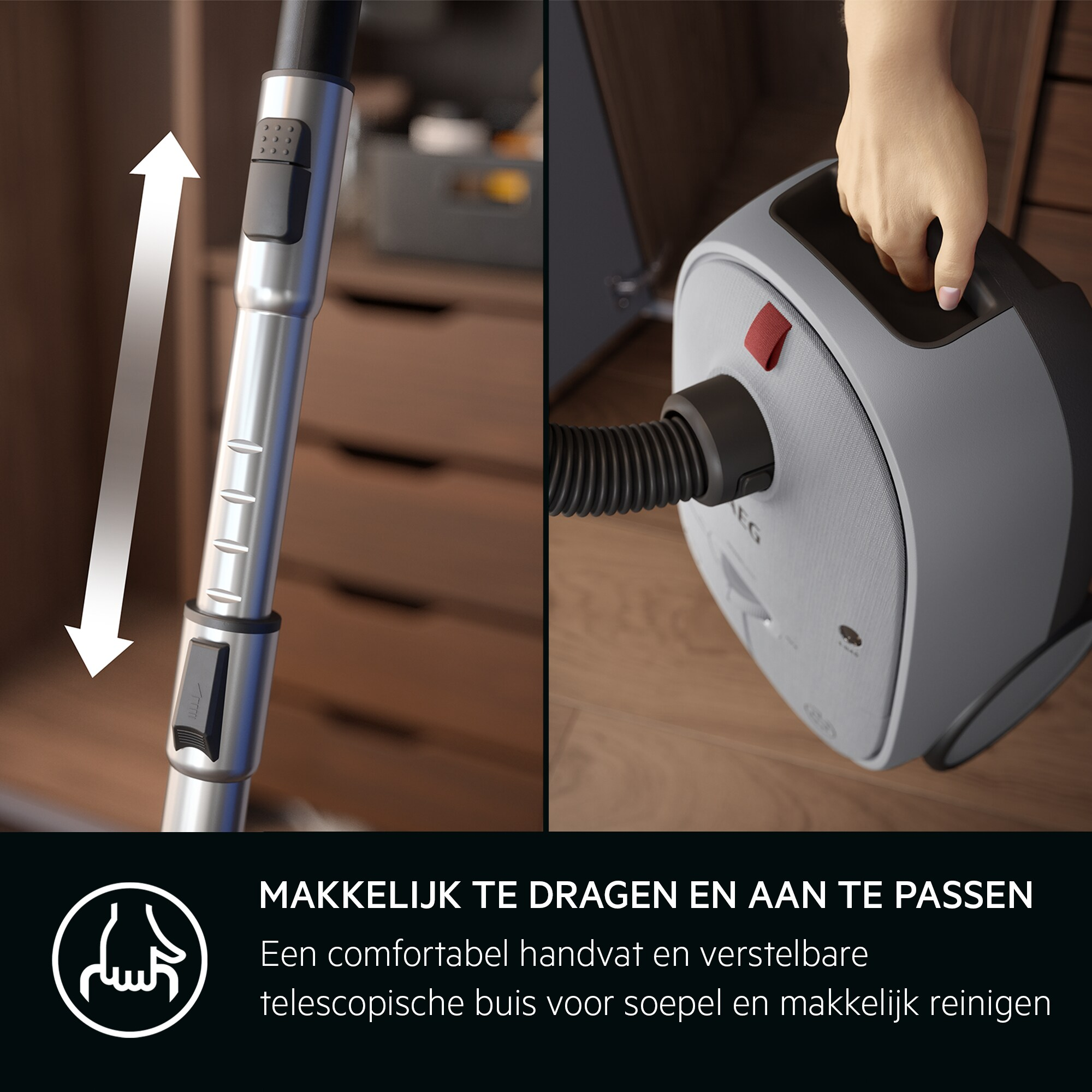 Un aspirateur avec une poignée réglable. Une main tient le corps. Des flèches indiquent l'ajustement. Couleurs grises et noires.