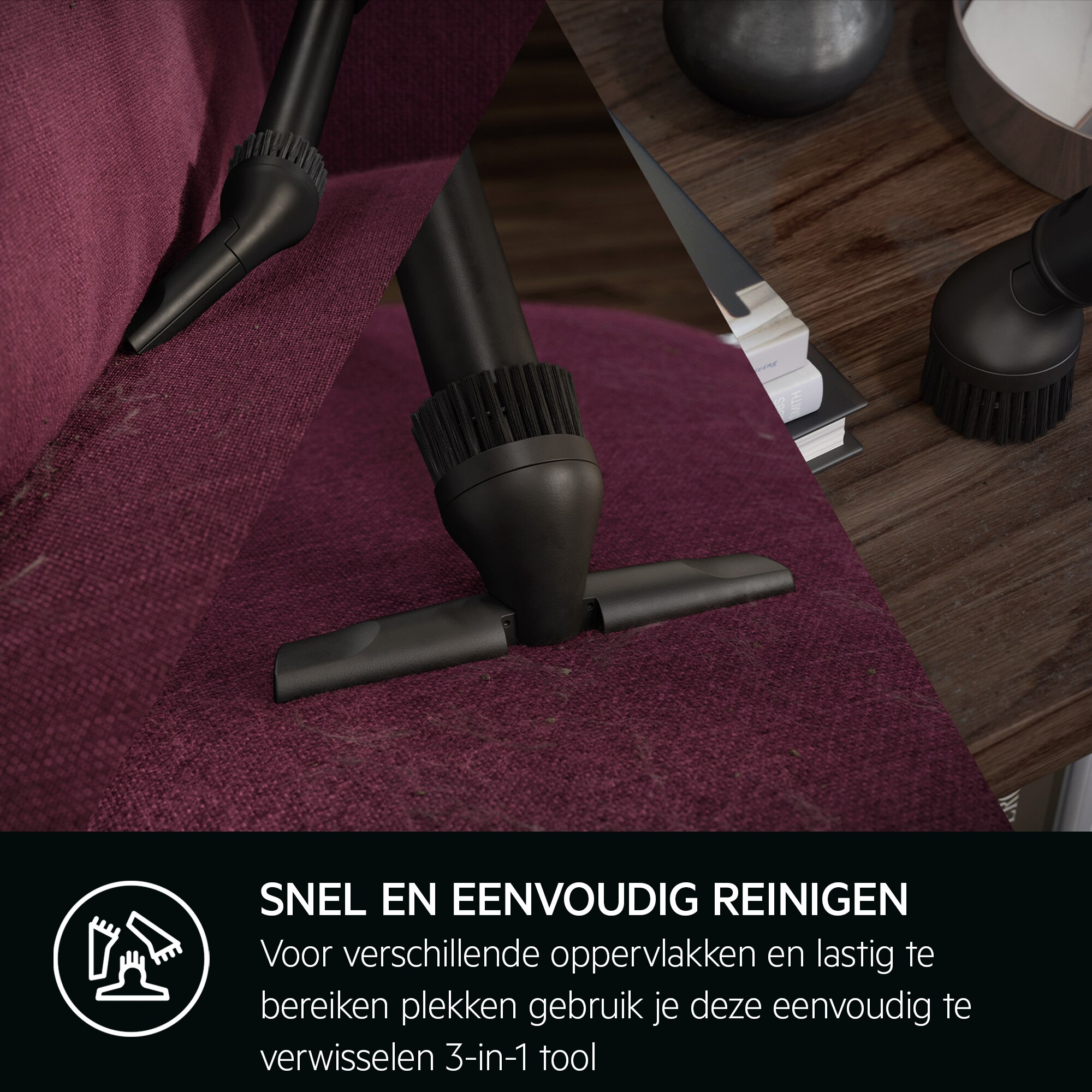 Une fixation d'aspirateur nettoie un tissu bordeaux. Livres et surface en bois en arrière-plan.