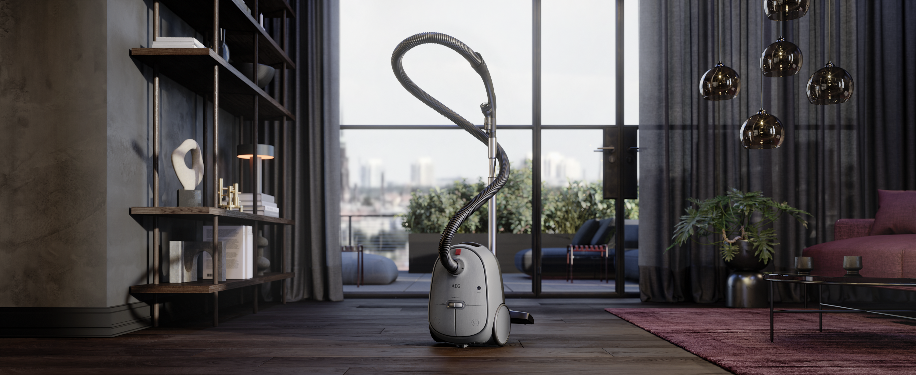 Un salon moderne avec un aspirateur au centre. Vue sur la ville par la fenêtre.