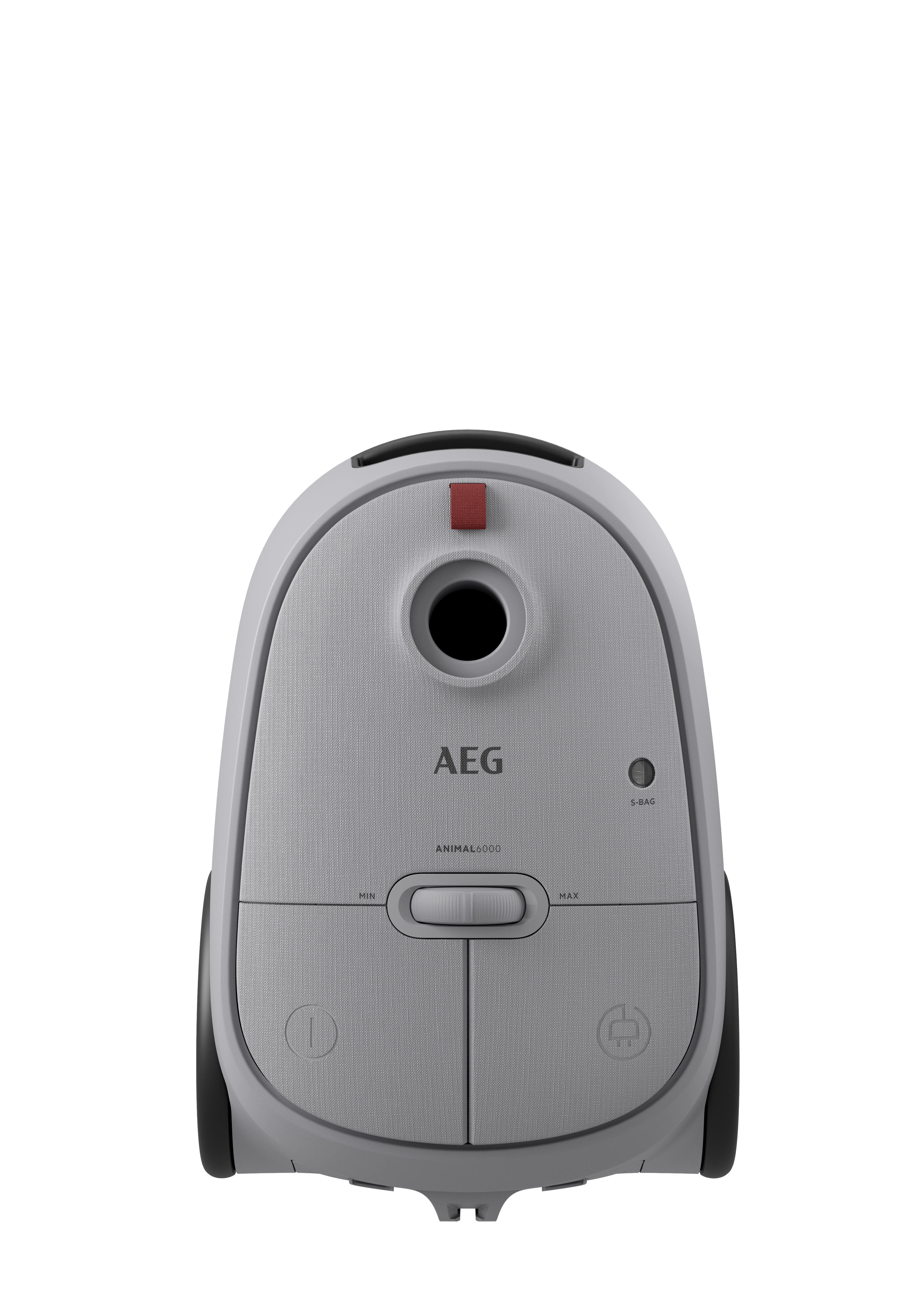 Un aspirateur AEG Animal 300 gris clair. Il a un bouton rouge et des roues noires. L'aspirateur est sur fond blanc.