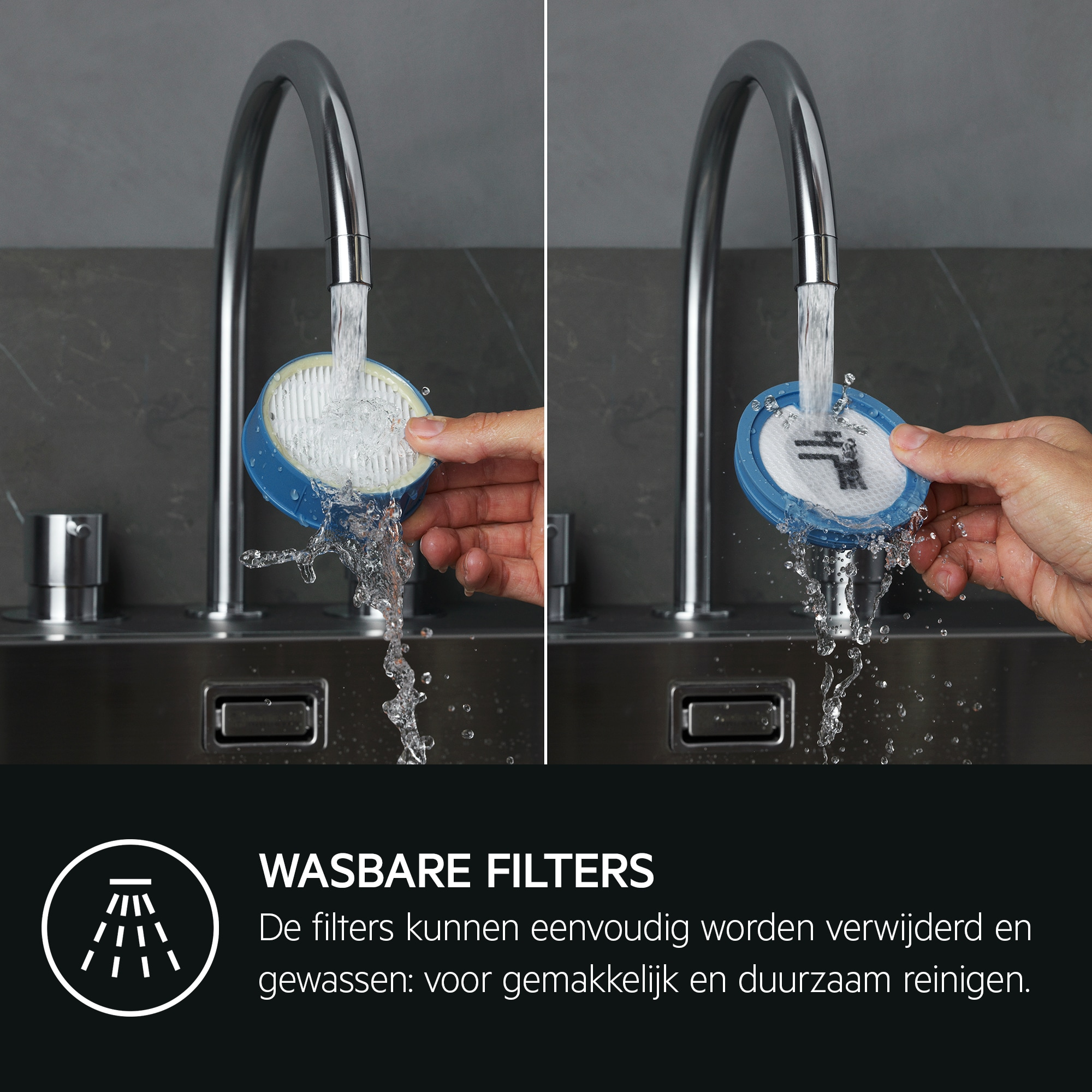 Hands holding a blue rimmed filter under running water from a faucet in a sink. Water splashes.