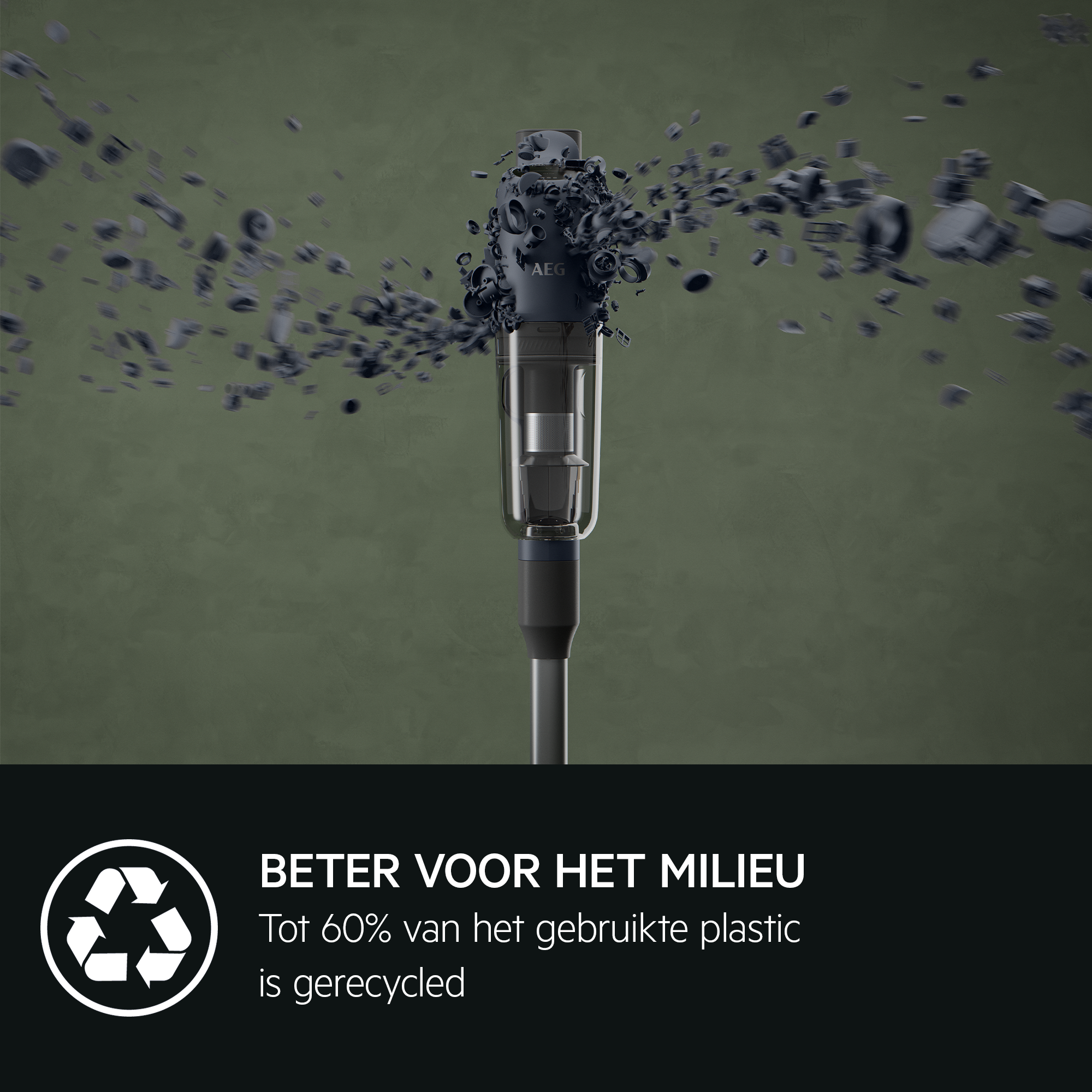An AEG vacuum cleaner, with exploding parts, on a green background. Text says 'Better for the environment'.
