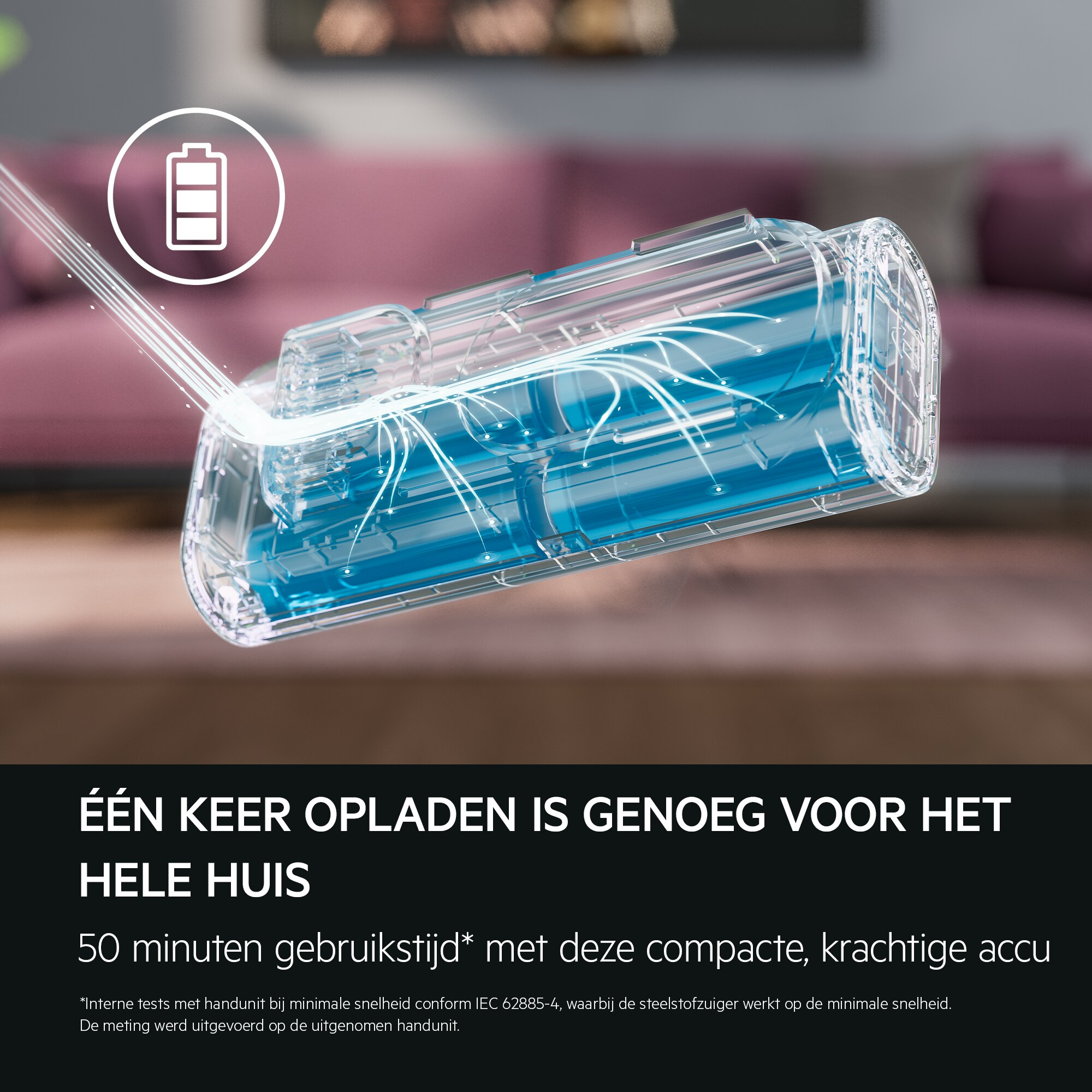 A see-through vacuum cleaner part, with a battery icon and text indicating long usage time, with a blurred pink background.