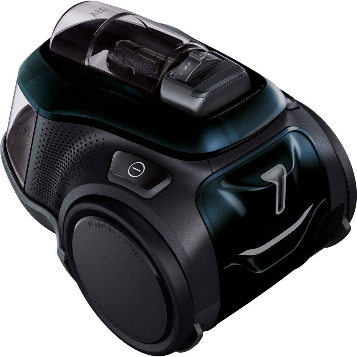 Aspirateur noir et bleu avec dessus transparent, bouton d'alimentation et XL Easy Roll Wheels. Détail du bac à poussière visible.