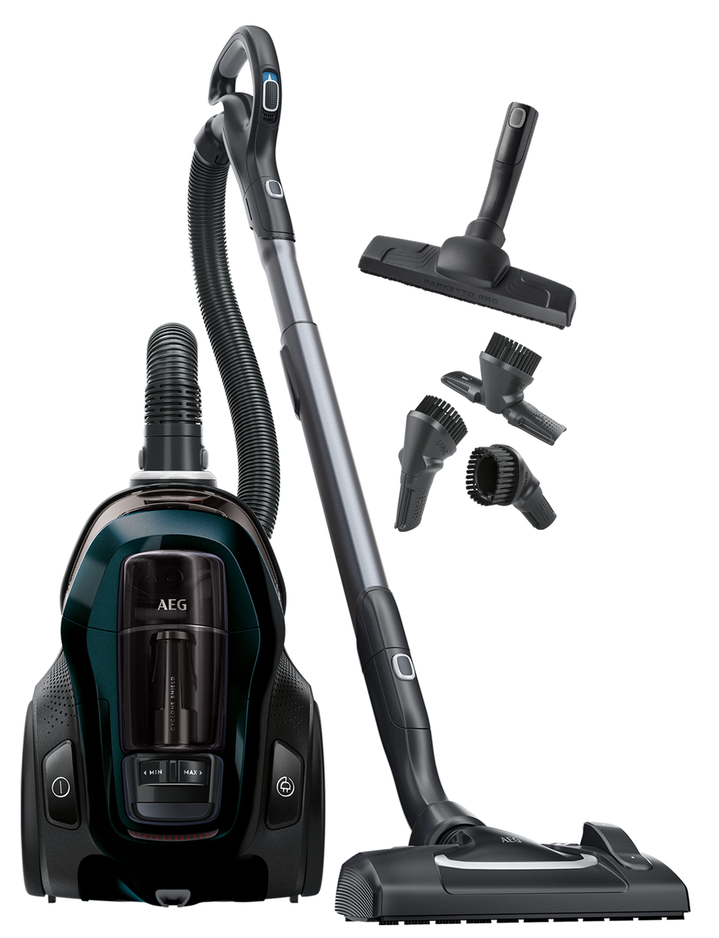 Un aspirateur AEG avec accessoires. Il est noir et sarcelle, montrant l'unité principale et diverses têtes de nettoyage.