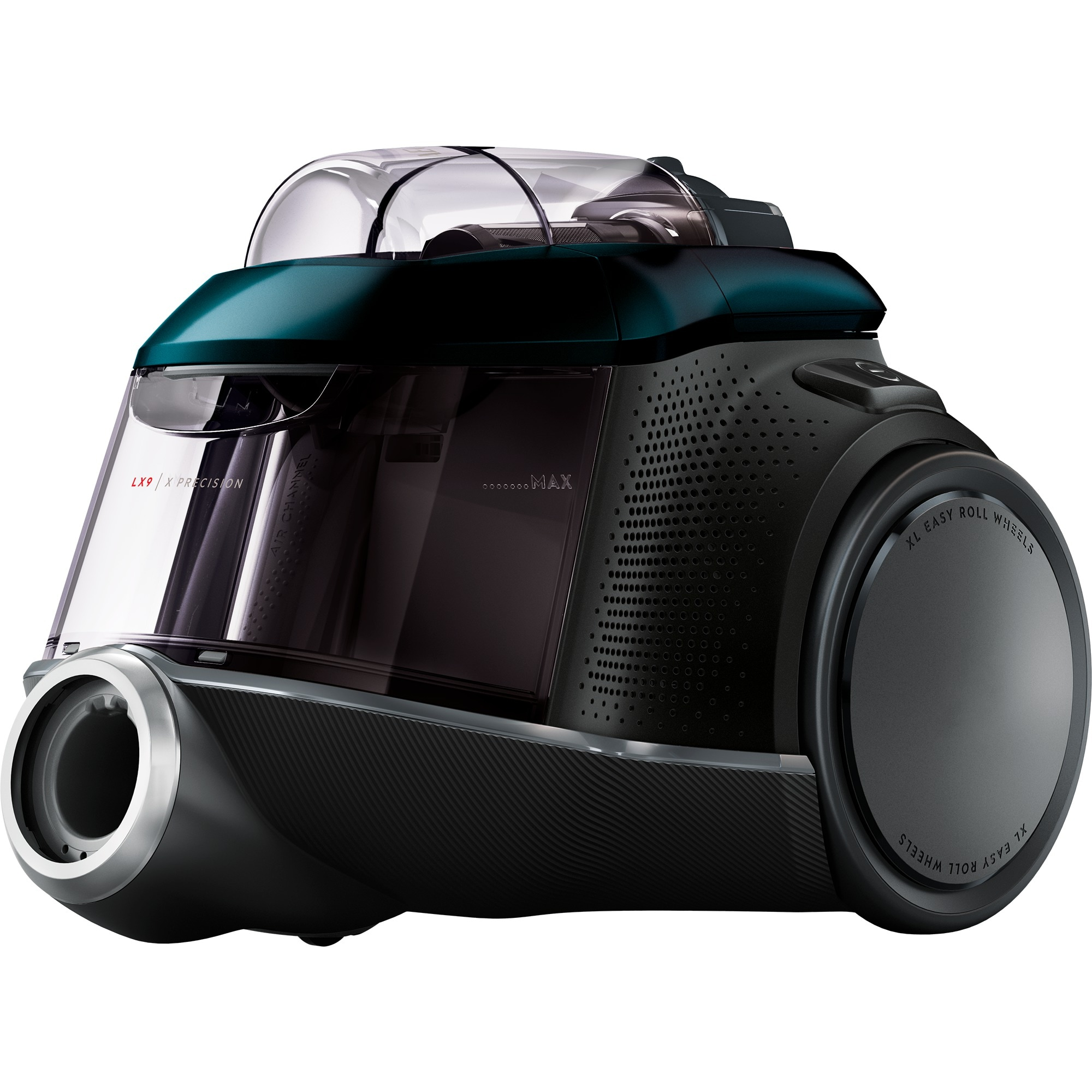 Un aspirateur noir et sarcelle avec un conteneur à poussière transparent. Il a des roues XL Easy Roll. La marque LX9 X Precision est visible.