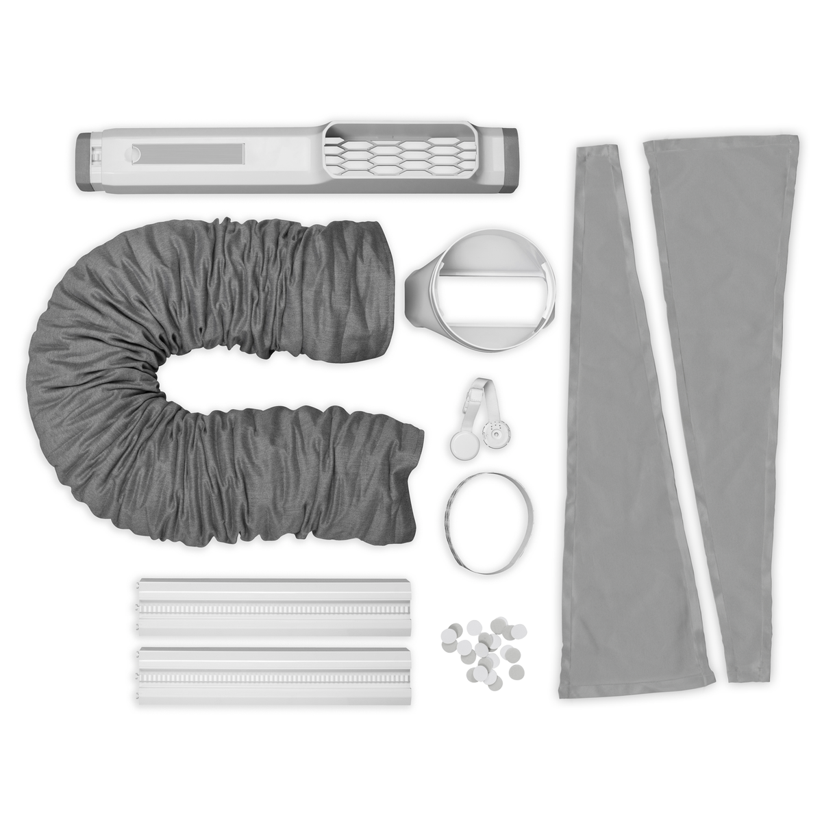 Various gray and white components of a dryer vent kit are arranged on a white surface, including a hose and vent.