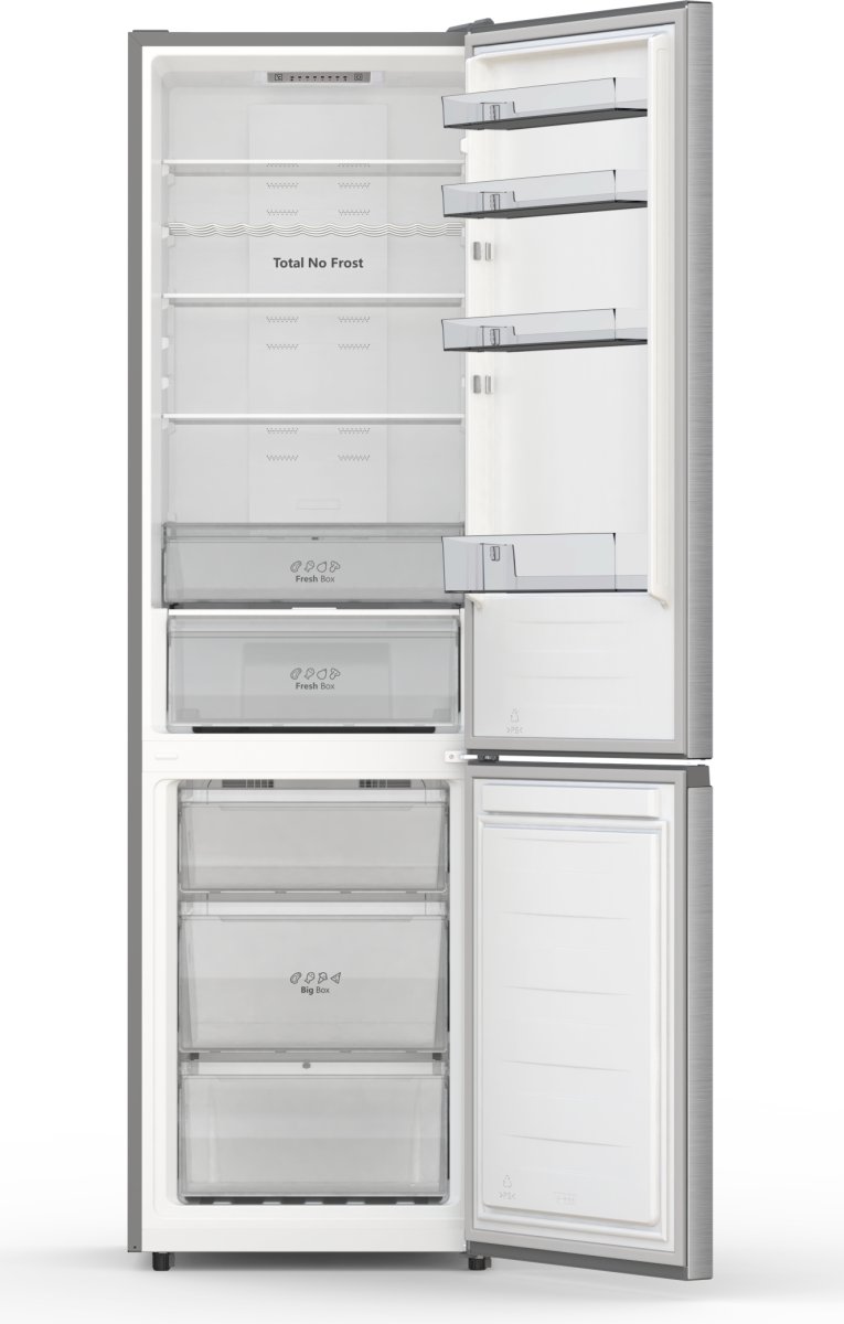 Offener, leerer Kühlschrank. Er hat Regale, Schubladen mit der Aufschrift 'Fresh Box' und 'Big Box'. Die Tür steht einen Spalt offen.