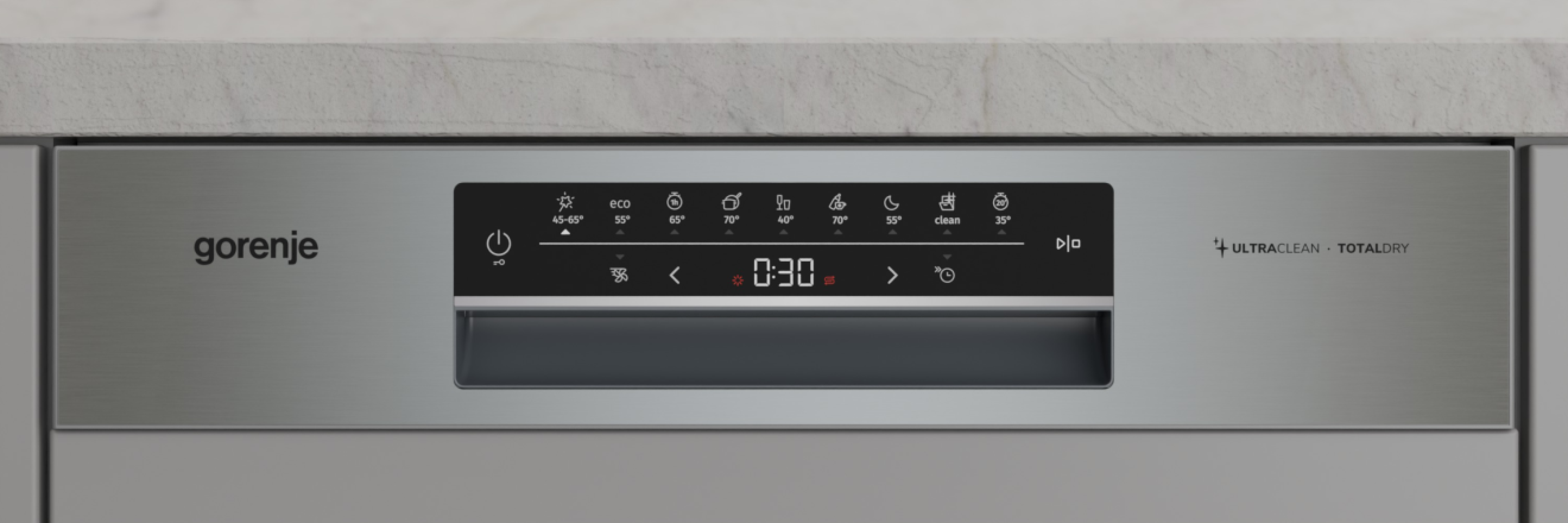 Geschirrspüler-Bedienfeld mit Einstellungen und Zeitanzeige. Mit Gorenje-Logo, Tasten und Zeitanzeige.