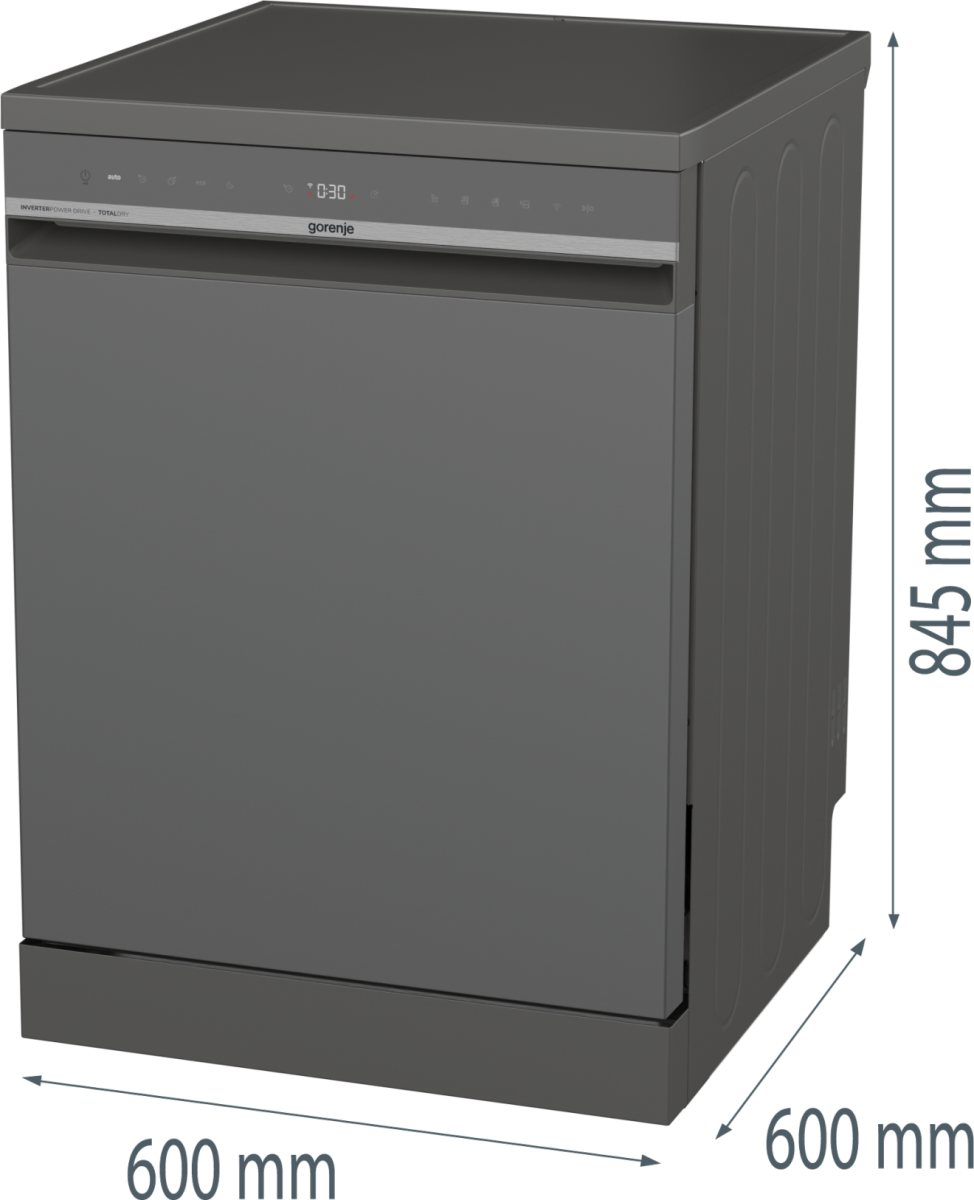 Ein dunkelgrauer Gorenje-Geschirrspüler, Maße sind angegeben. Es hat ein Bedienfeld mit Zeit und Einstellungen. Die Abmessungen betragen 600x600x845mm.
