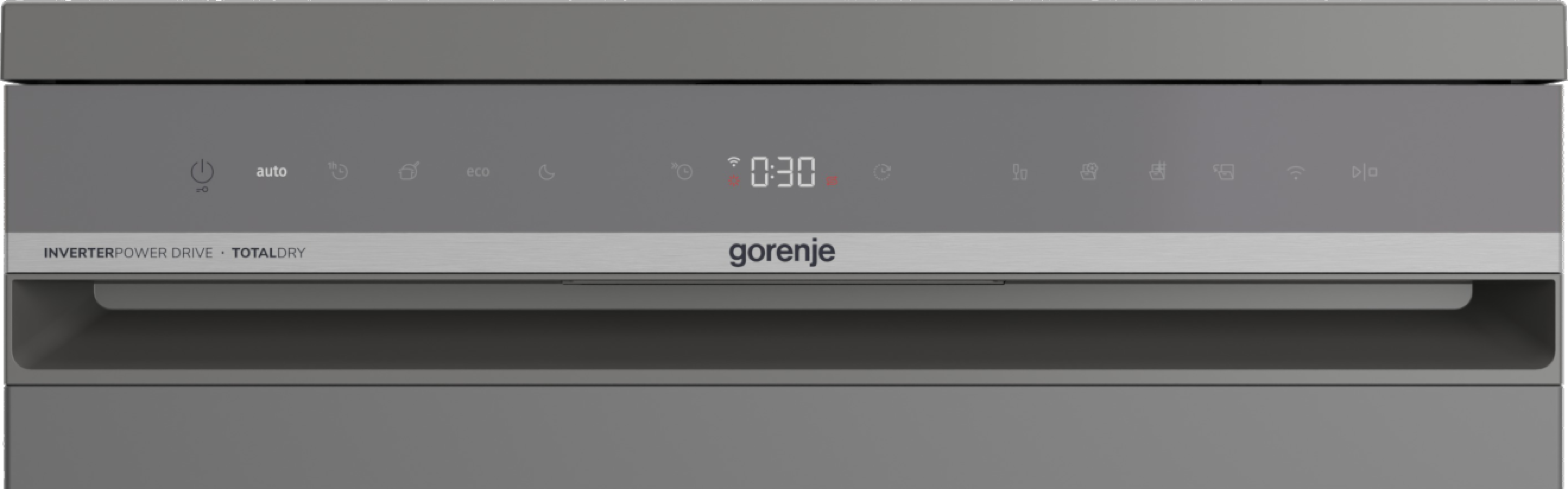 Geschirrspüler-Bedienfeld. Funktionen: Ein/Aus, Auto, Eco, Timer, WLAN. Zeigt 0:30 an. Die Marke ist Gorenje.