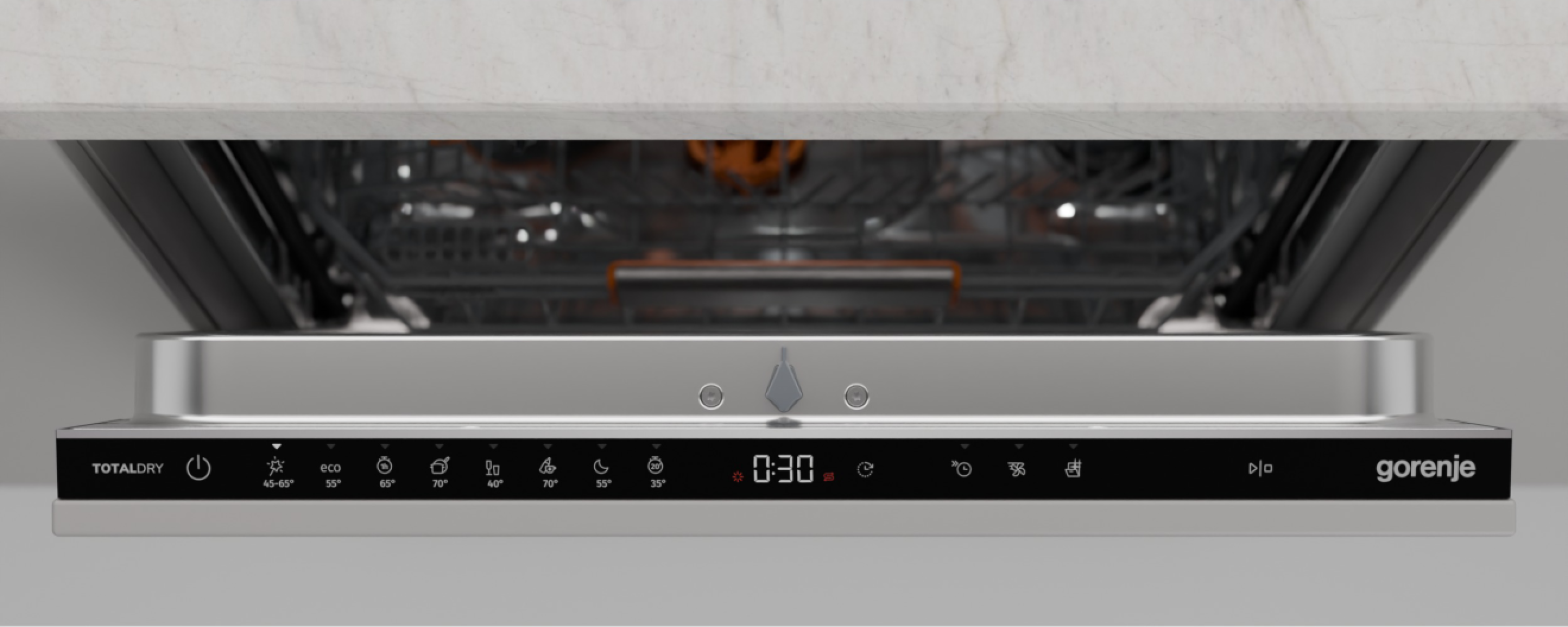 Geschirrspüler-Bedienfeld mit Digitalanzeige. Es hat Tasten für Strom, Eco und andere Einstellungen. Die Marke ist Gorenje.