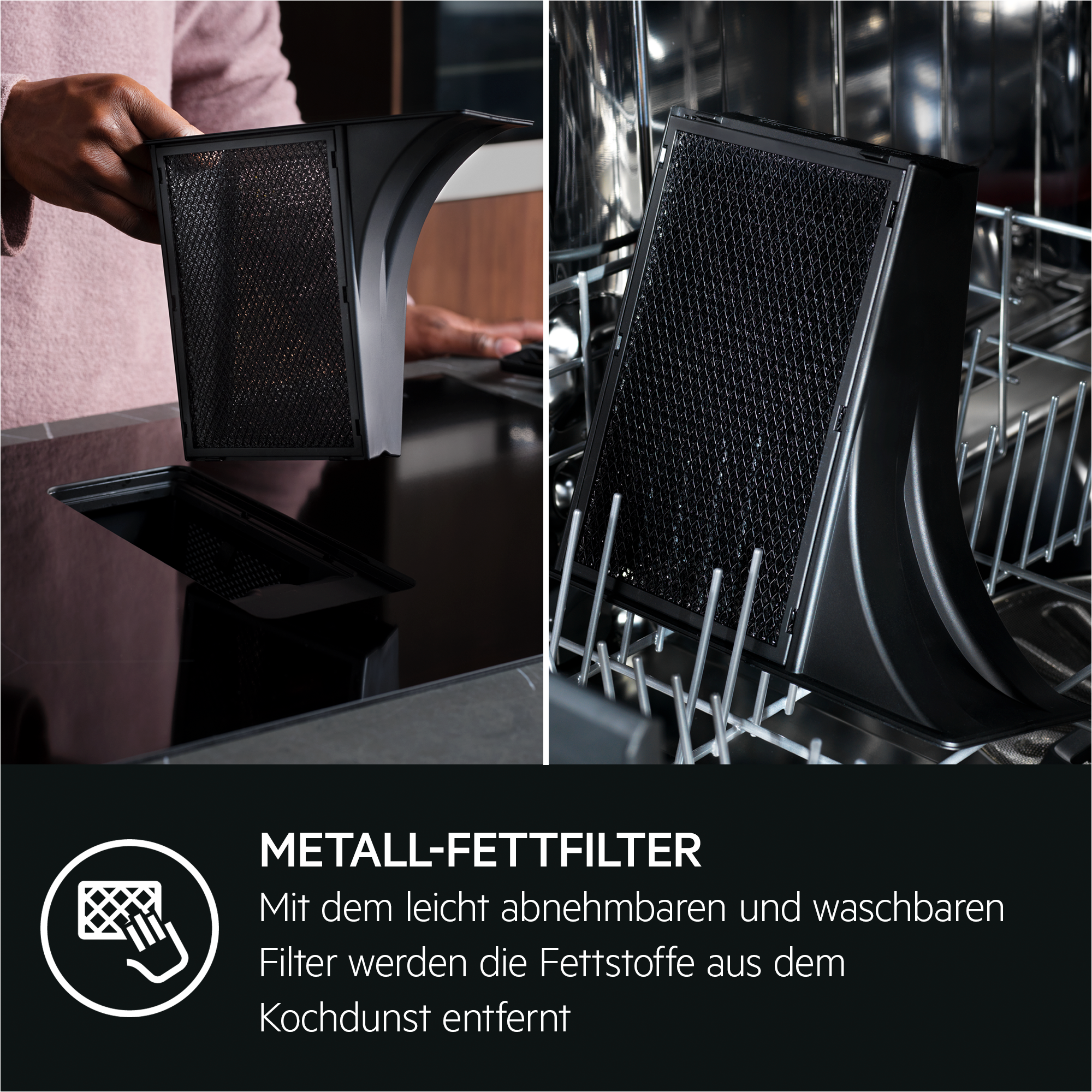 Eine Person hält einen schwarzen Filter. Der Filter besteht aus zwei Teilen. Text unten: METALL-FETTFILTER.