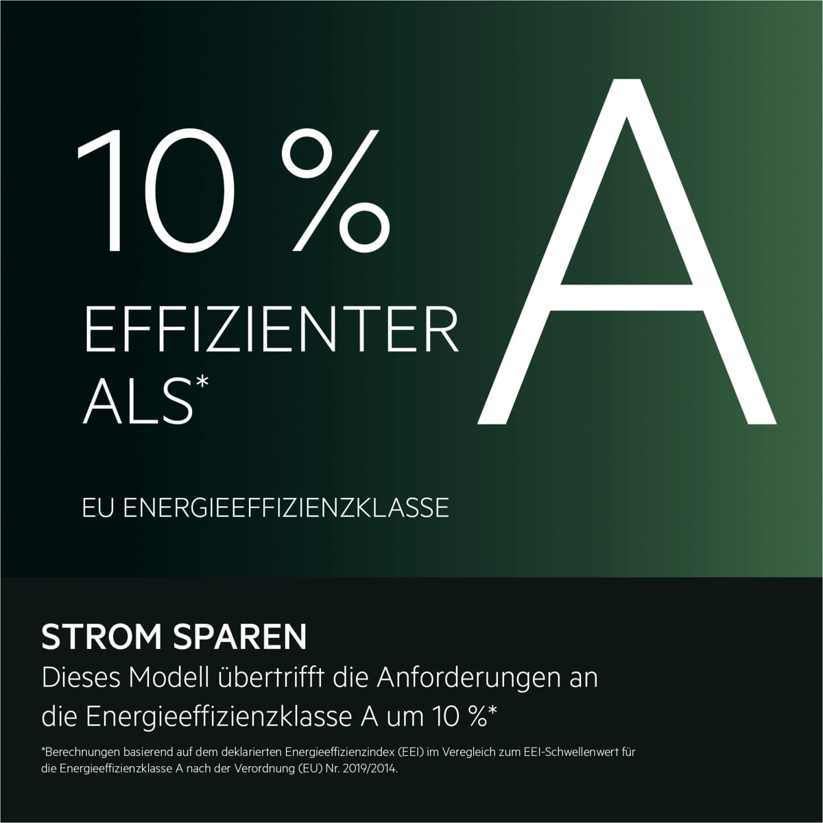 Weißer Text auf grünem Farbverlauf: 10 %, Buchstabe A und Text zur Energieeffizienz. Unterer Text: Strom sparen, 10 %.