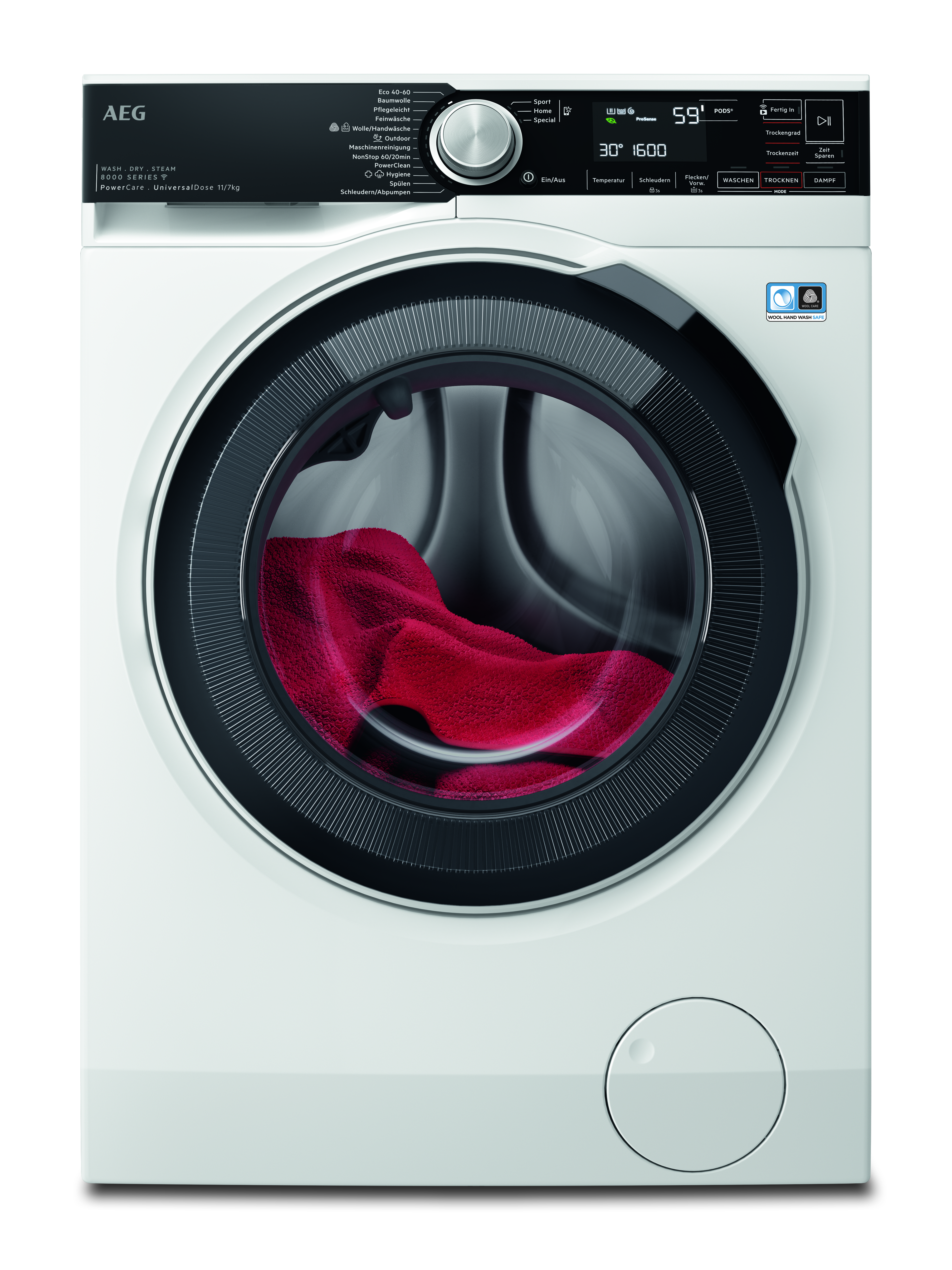 Eine weiße AEG-Waschmaschine. Ein rotes Handtuch befindet sich in der Glastrommel. Bedienfeld oben.