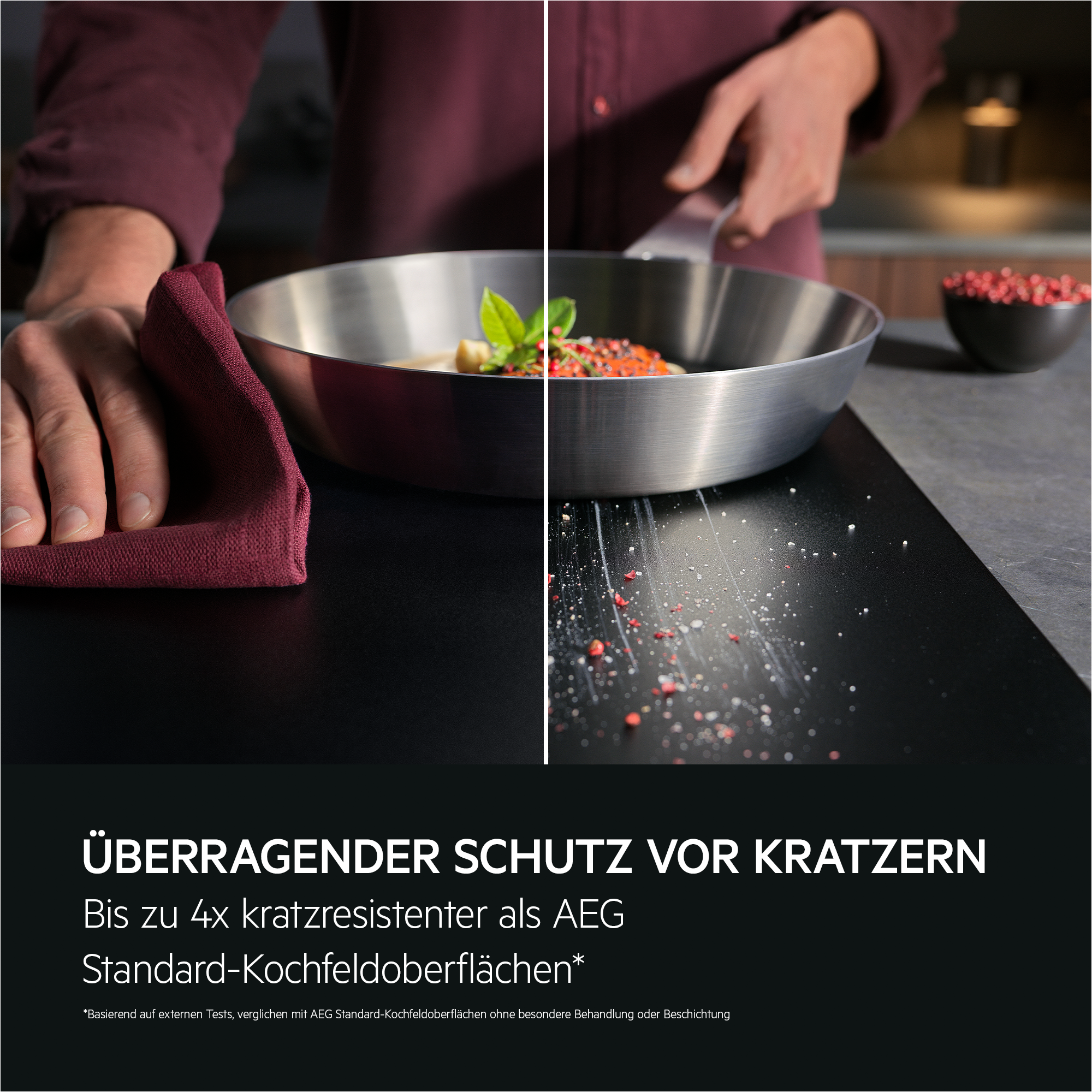 Ein geteiltes Bild zeigt eine Küche. Eine Seite zeigt eine saubere Oberfläche, die andere mit Kratzern. Eine Person kocht Essen in einer Pfanne.