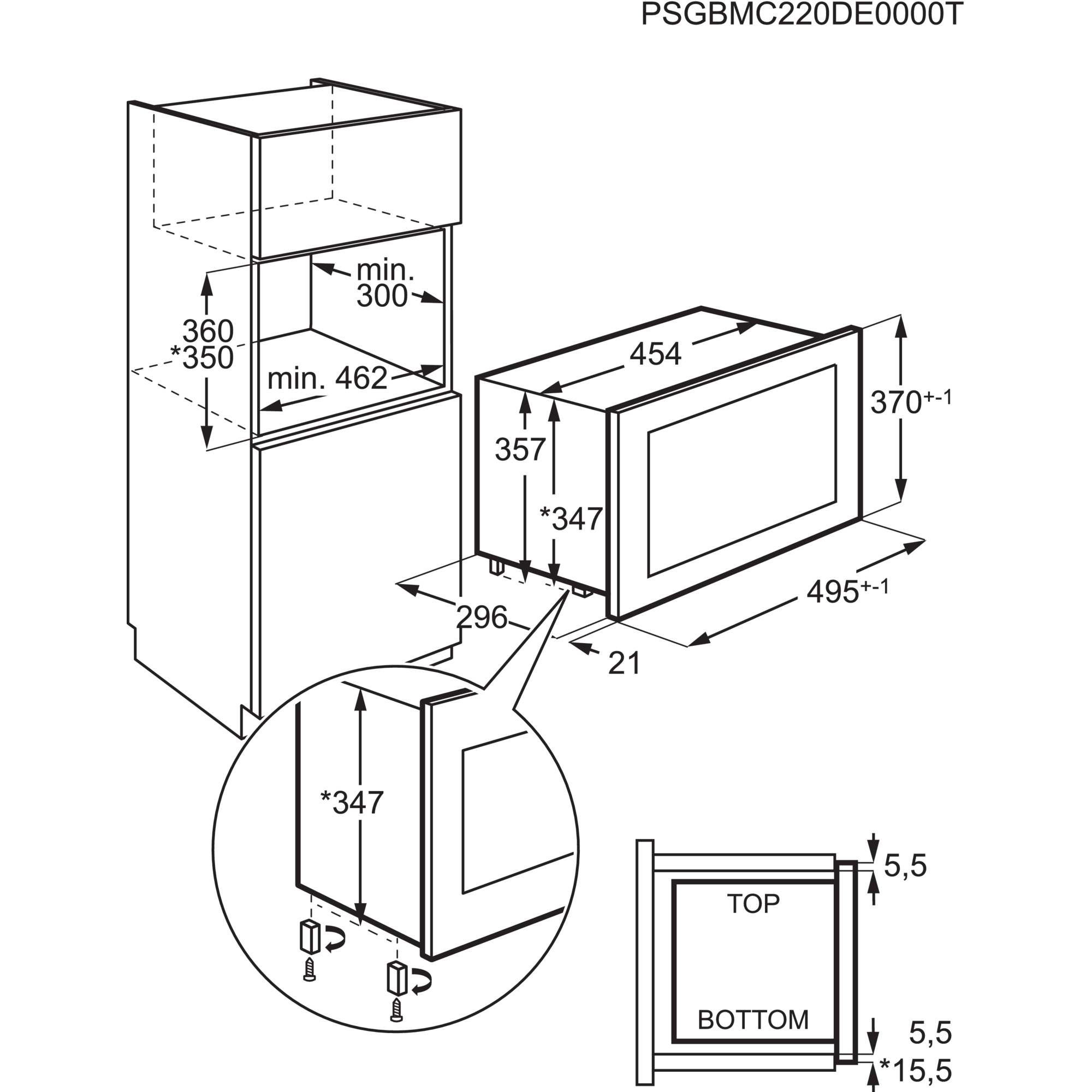 Diagramm eines Ofens. Abmessungen sind mit Zahlen beschriftet. Es zeigt die Teile des Ofens und die Platzierung in einer Küche.