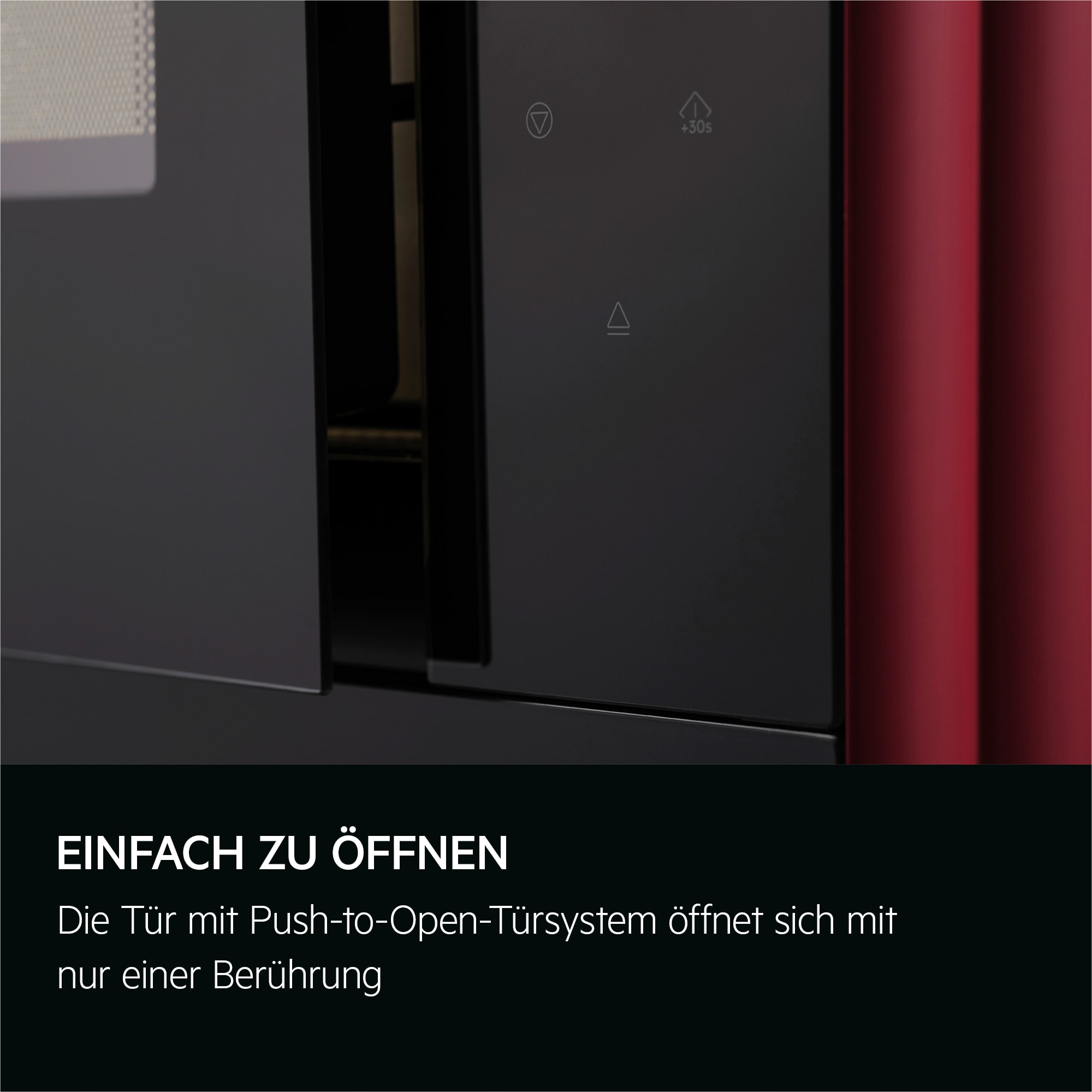 Schwarzes Gerät mit Bediensymbolen. Rote Seitenwand. Text: 'Einfach zu öffnen'.
