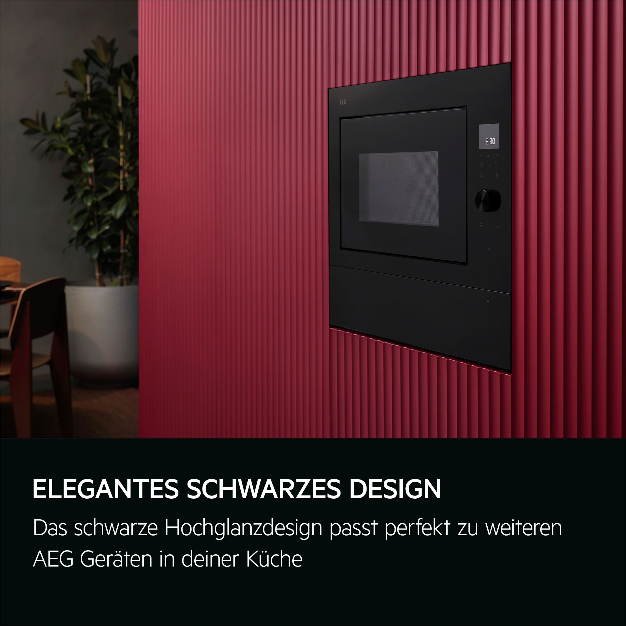 Eine schwarze Mikrowelle an einer geriffelten roten Wand. Links eine Pflanze.