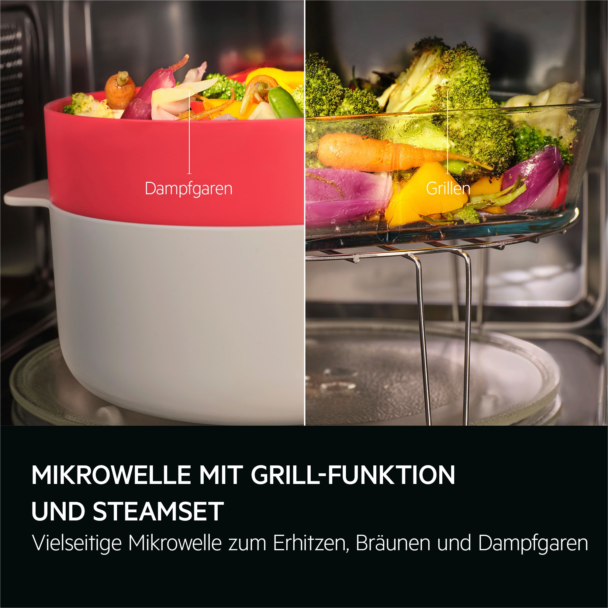 Eine Mikrowelle mit Gemüse. Eine Seite zeigt Dämpfen, die andere Grillen. Roter und weißer Behälter, Glasschale, schwarzer Text.