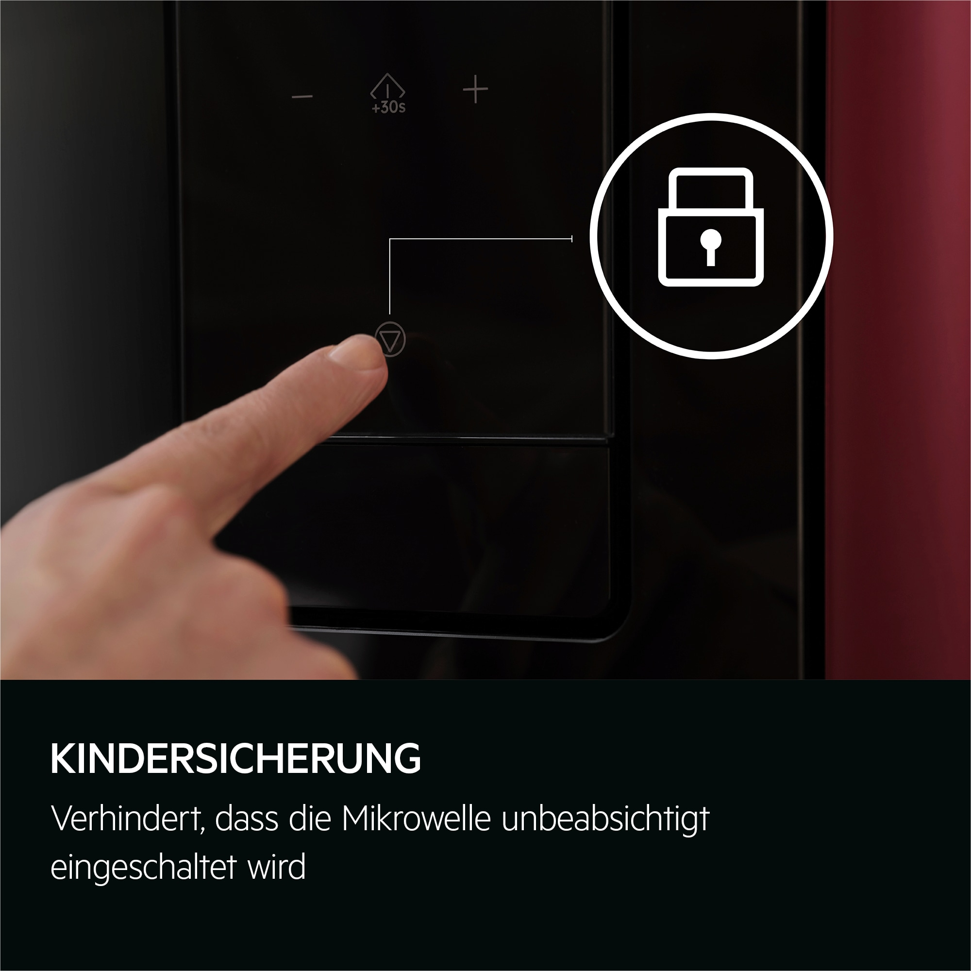 Ein Finger drückt eine Taste auf einem schwarzen Gerät. Ein Schloss-Symbol befindet sich rechts. Text sagt 'Kindersicherung'.