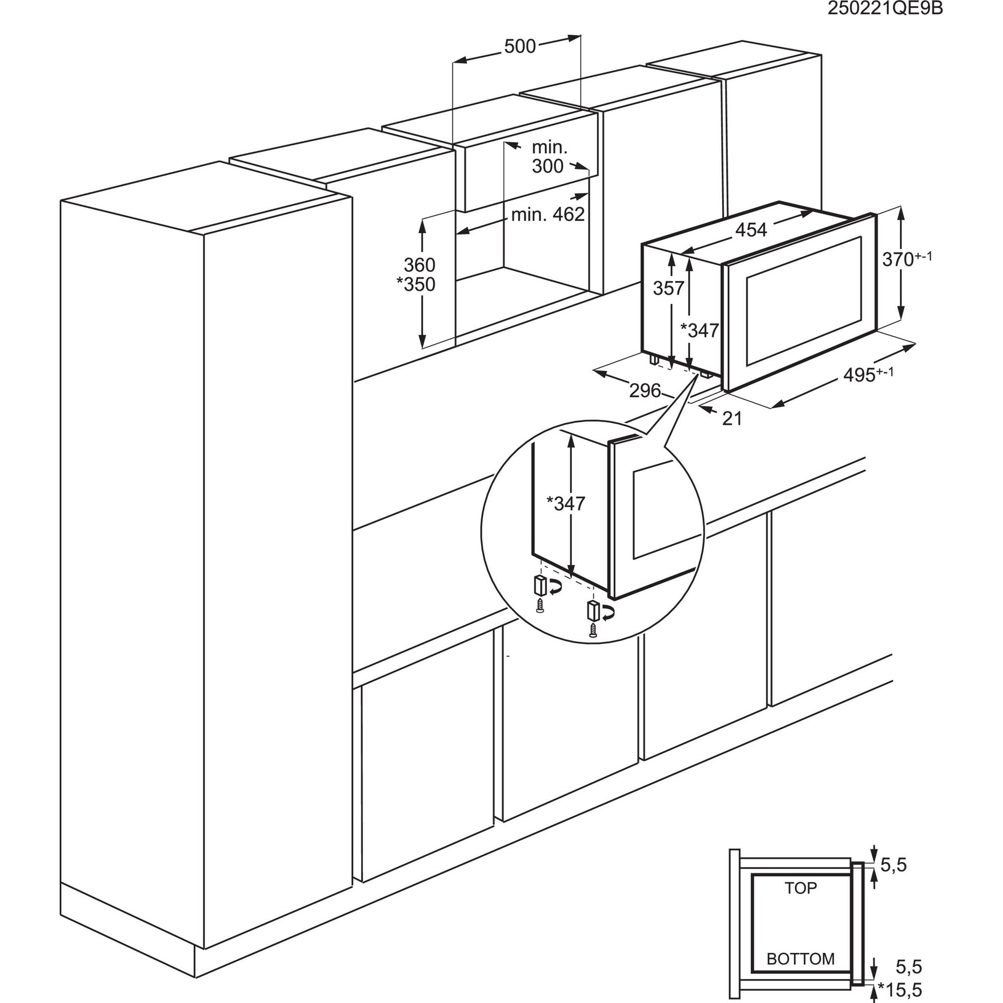 Diagramm eines Mikrowellenofens mit Maßen, eingebaut in einen Küchenschrank, mit Abmessungen.