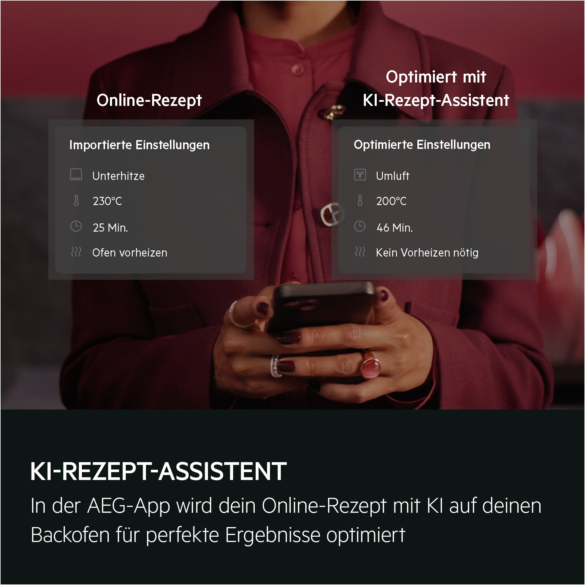 Person hält Telefon, zeigt Ofeneinstellungen. Text zeigt 'Online-Rezept' und 'KI-Rezept-Assistent'.