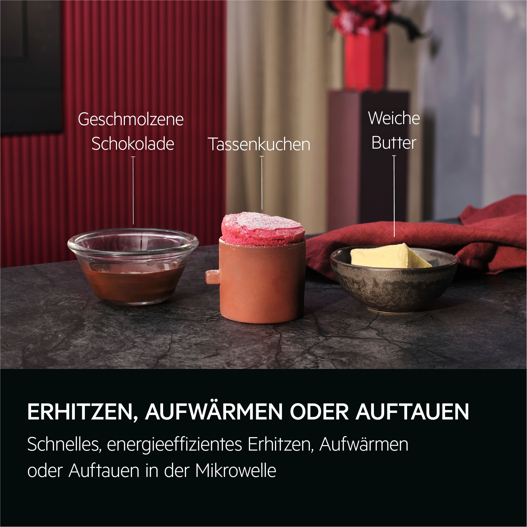 Das Bild zeigt geschmolzene Schokolade, einen Kuchen und Butter. Text: Erhitzen, Aufwärmen oder Auftauen. Schnell, energieeffizient.