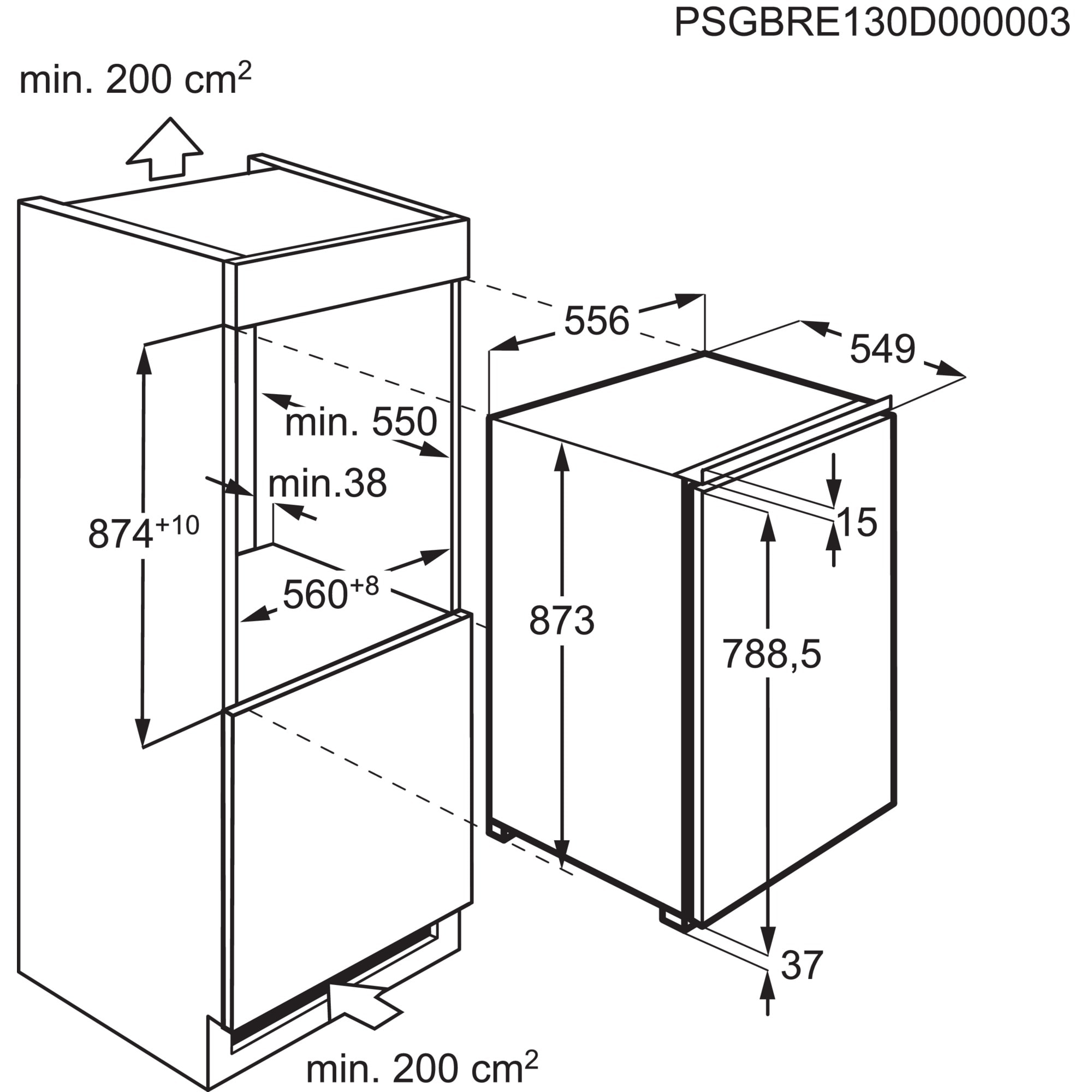 Diagramm eines Kühlschranks. Maße in Millimetern angegeben. Pfeile zeigen auf verschiedene Teile des Geräts.